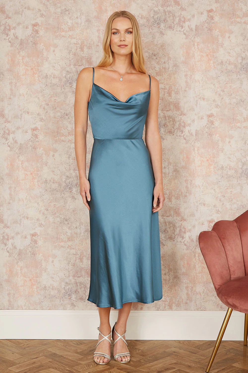 Yumi Blue Satin Cowl Neck Midi Slip Dress - Image 4