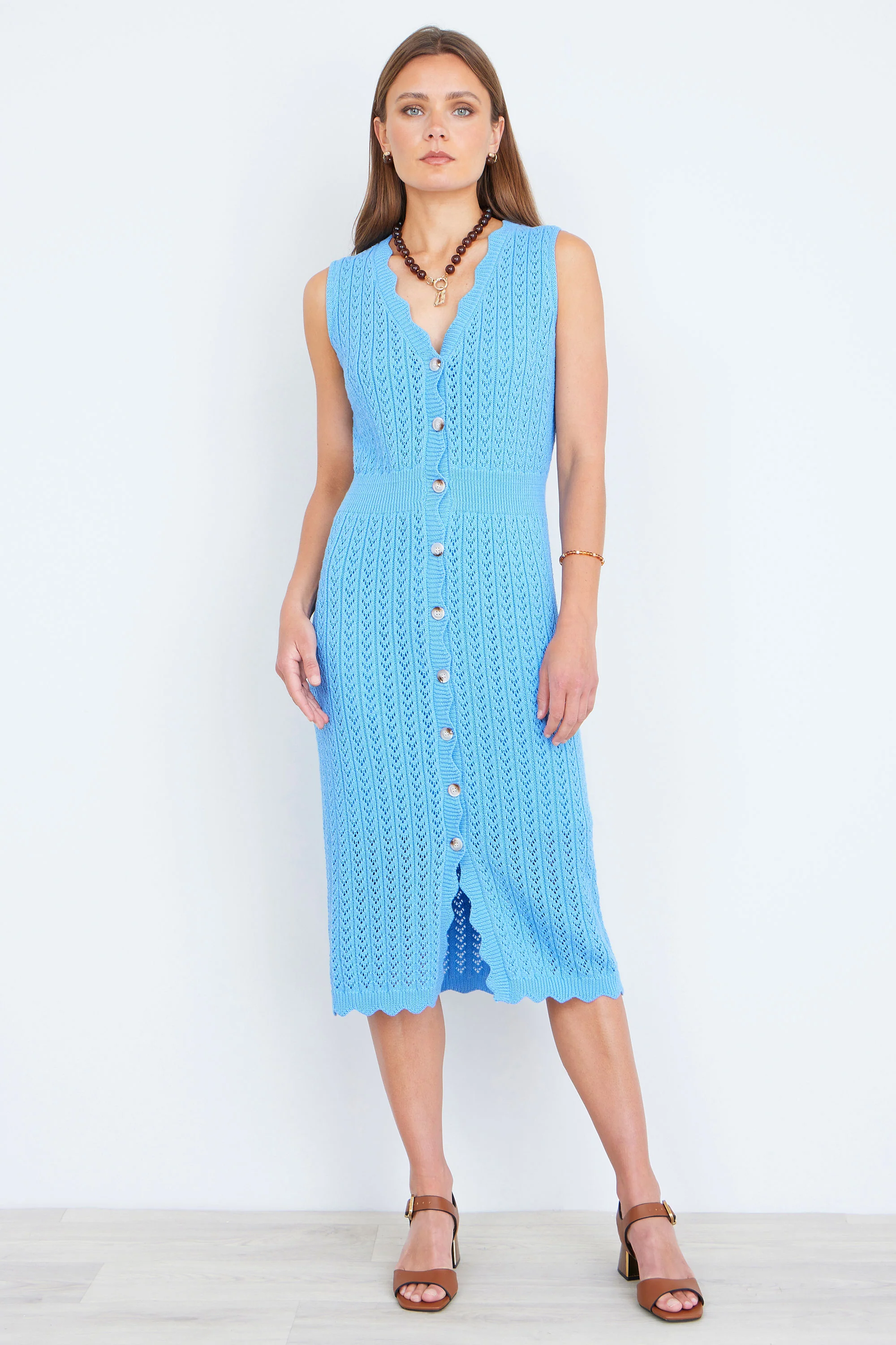 Yumi Blue Scallop Edge Crochet Knitted Midi Dress - Image 6