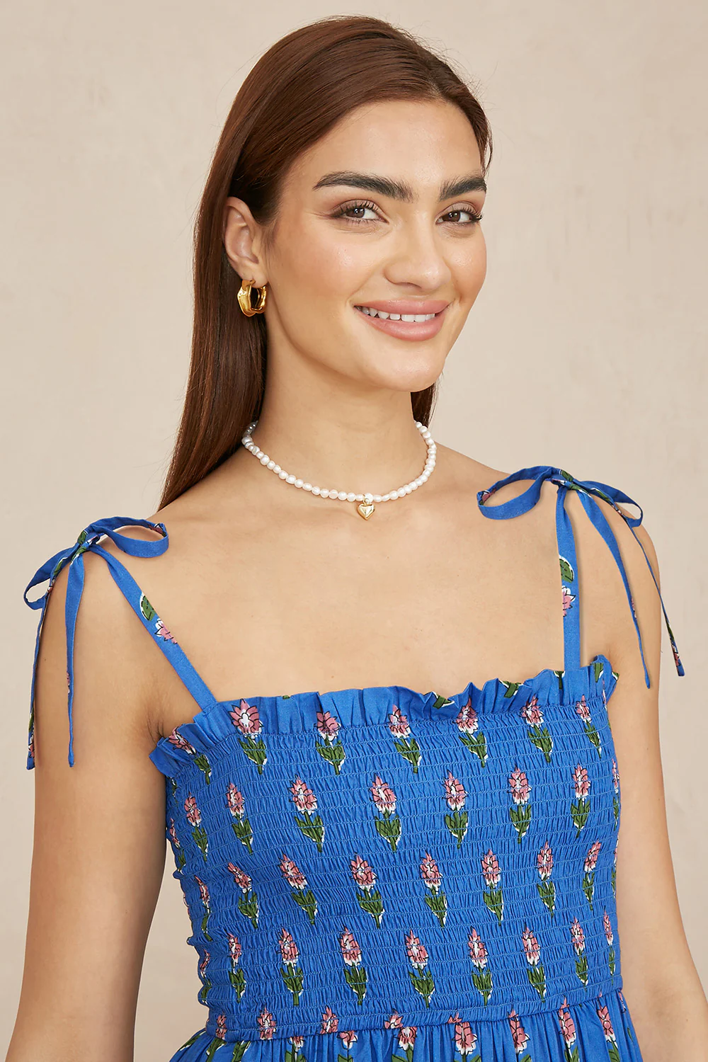 Yumi Blue Strappy Paisley Print Midi Dress With Ruched Bodice - Image 2
