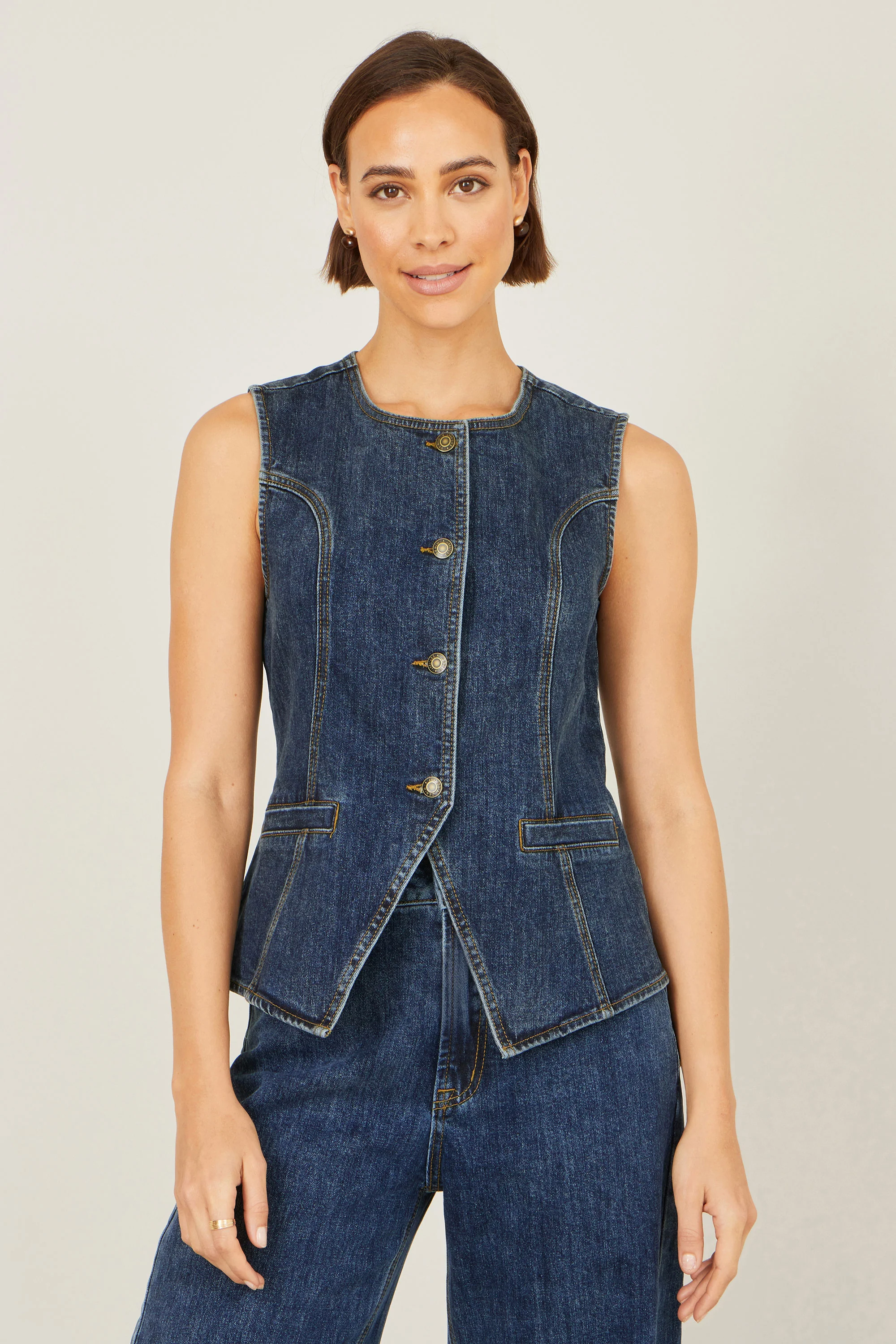Yumi Blue Stretch Long Denim Waistcoat - Image 3