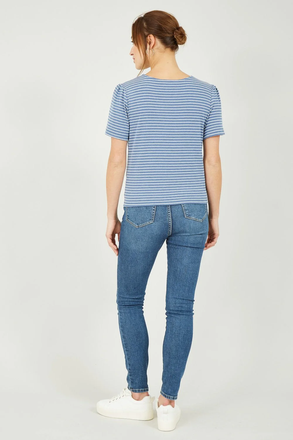 Yumi Blue Striped Jersey Button Detail Top - Image 4