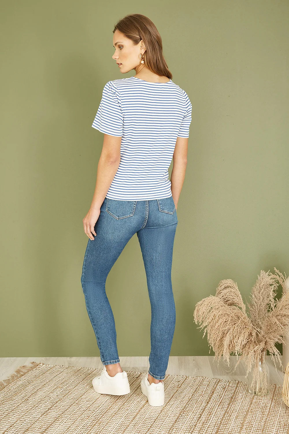 Yumi Blue Striped Jersey Button Detail Top - Image 3