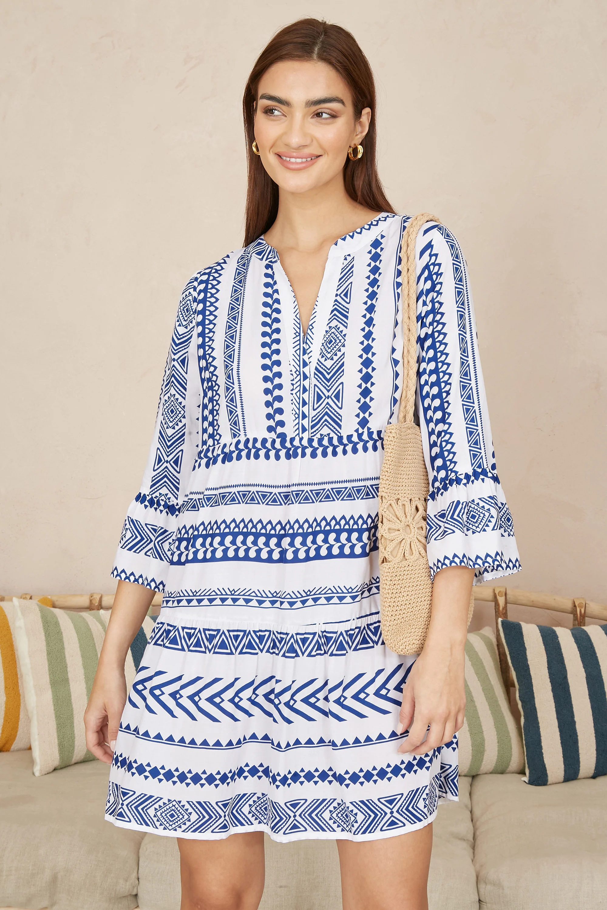 Yumi Blue Geo Stripe Print Beach Tunic - Image 3