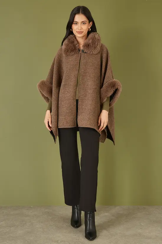 Yumi Brown Cape With Luxe Fur Trim And Lining - Image 3