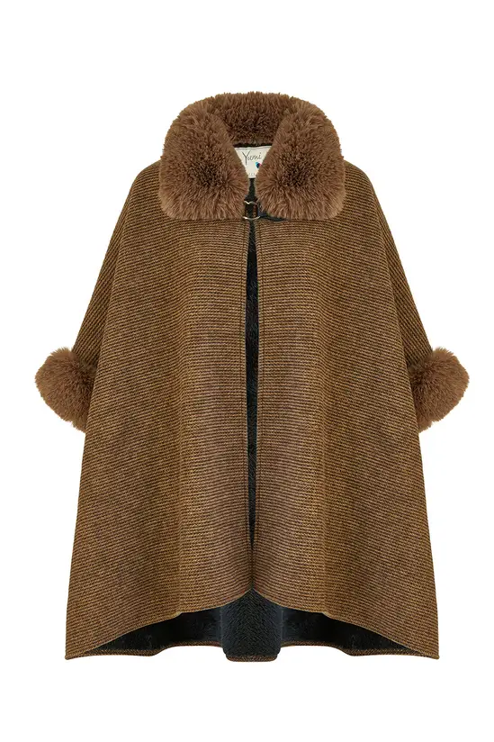 Yumi Brown Cape With Luxe Fur Trim And Lining - Image 5