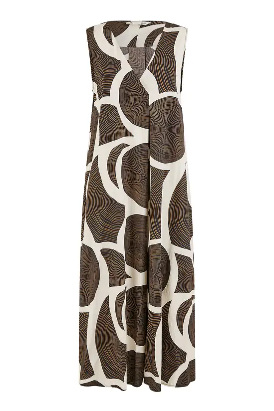 Yumi Brown Cotton Abstract Circle Trapeze Relaxed Midi Dress - Image 4
