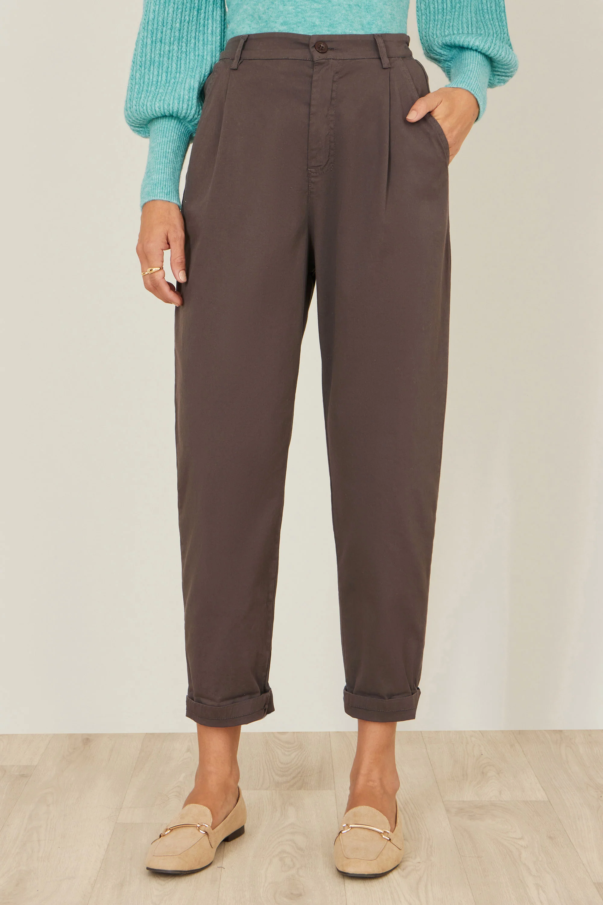 Yumi Brown Cotton Canvas Chino Trousers - Image 3