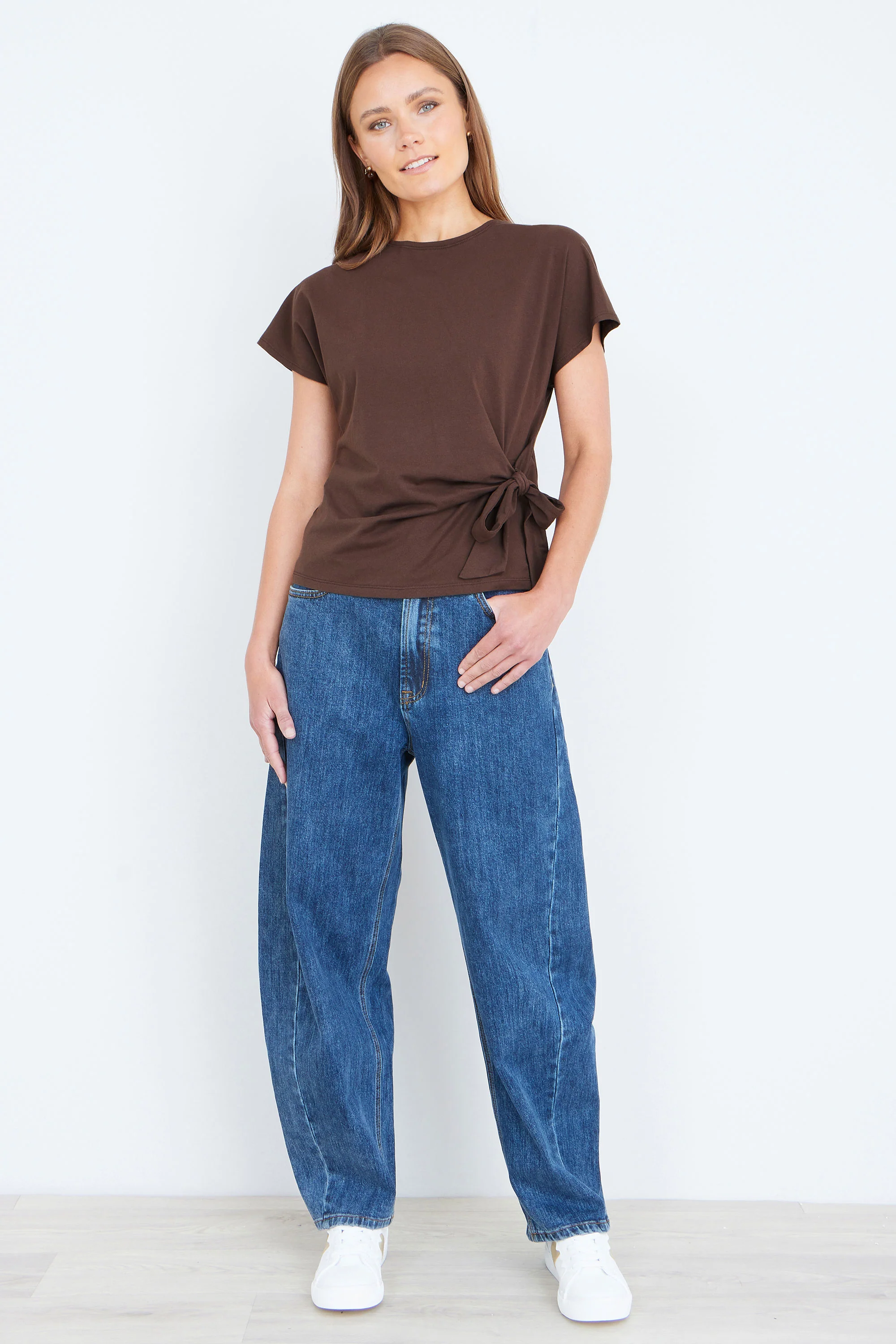 Yumi Brown Cotton Jersey Top With Knot Detail - Image 2