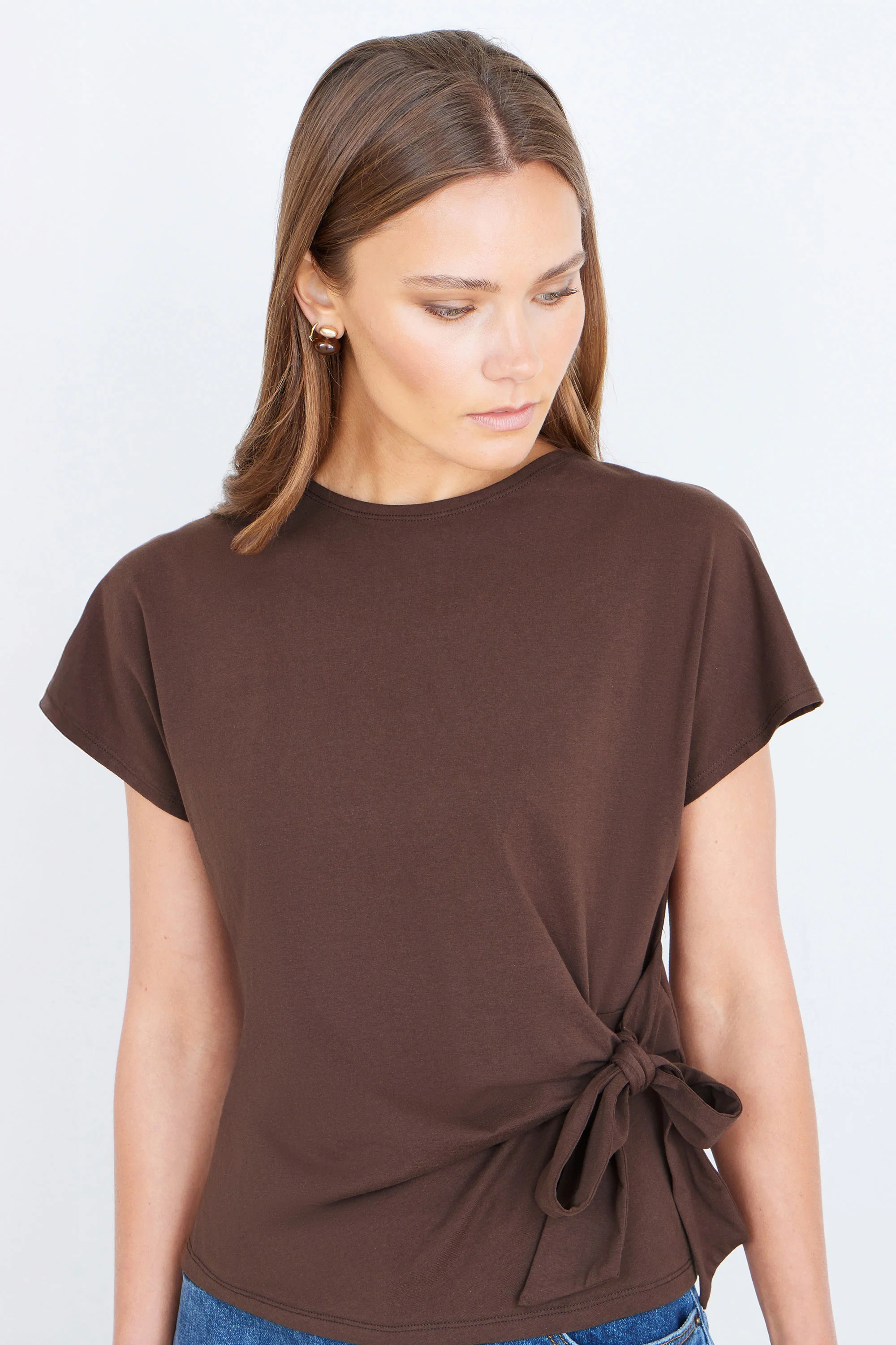 Yumi Brown Cotton Jersey Top With Knot Detail - Image 3