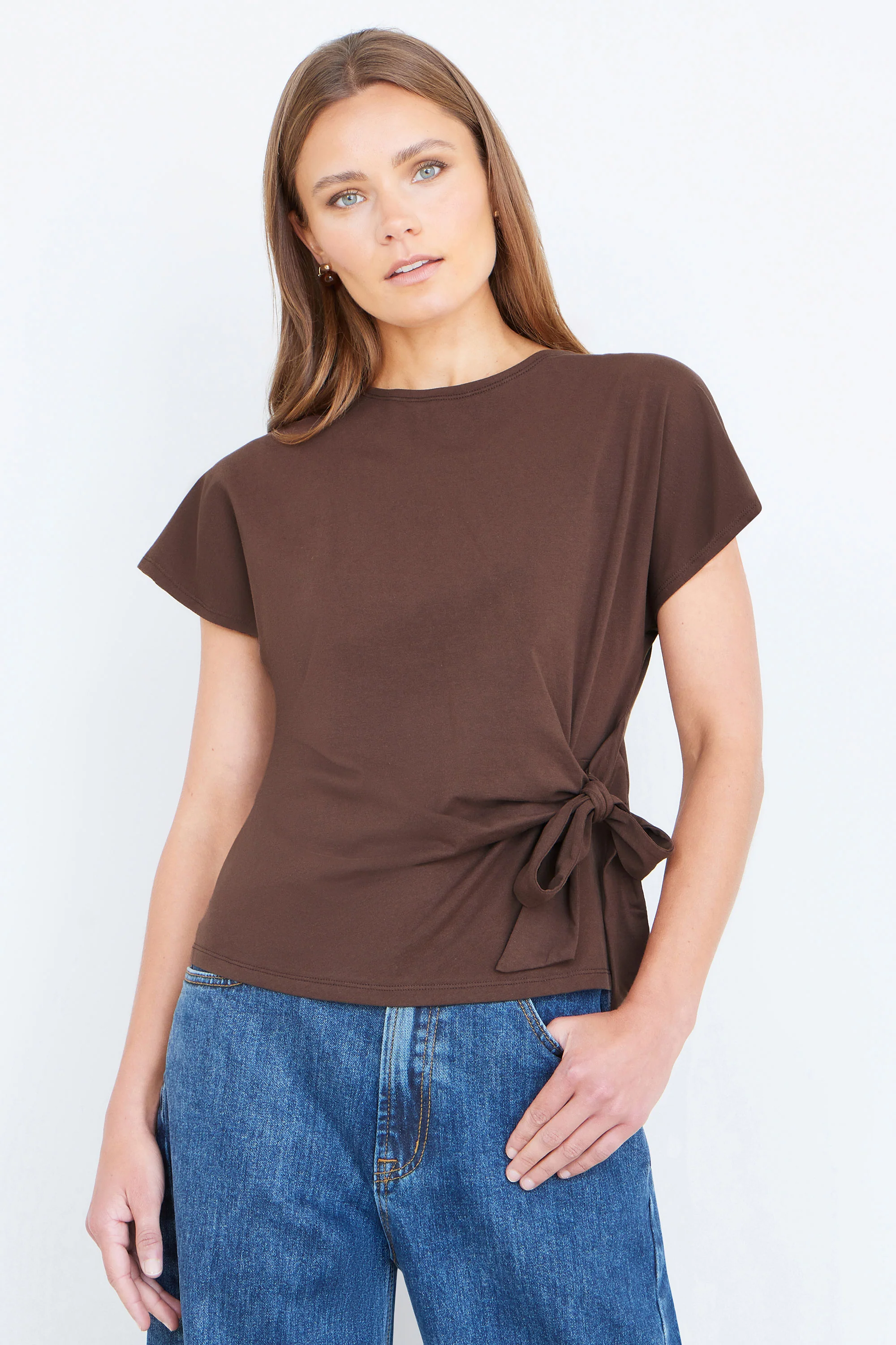 Yumi Brown Cotton Jersey Top With Knot Detail - Image 5