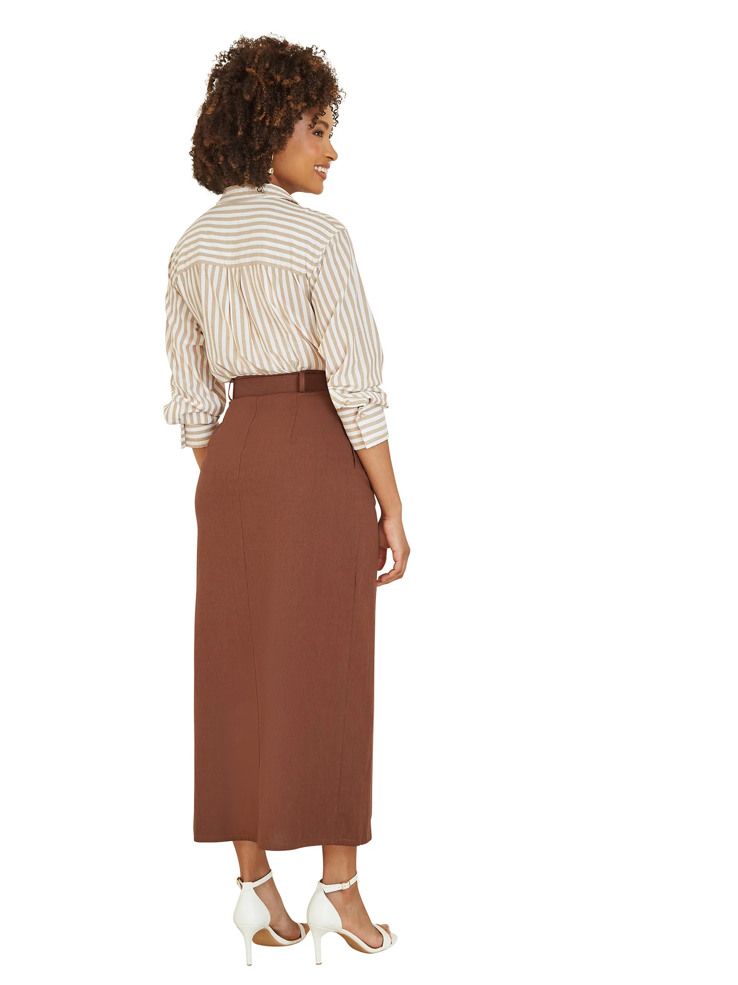 Yumi Brown Cotton Midi Skirt With Belt And Split Hem - Image 3