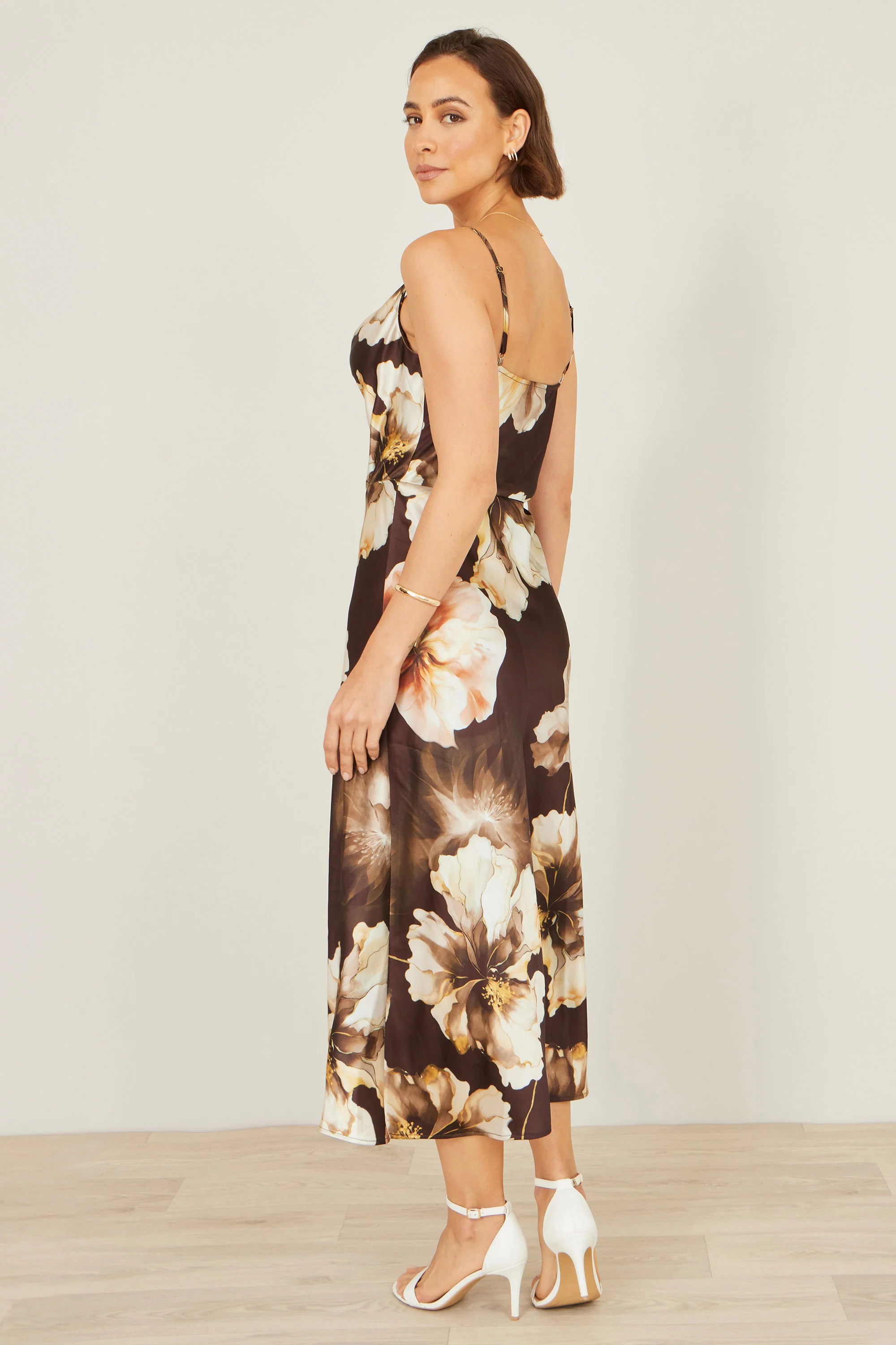 Yumi Brown Cowl Neck Satin Floral Dress - Image 3