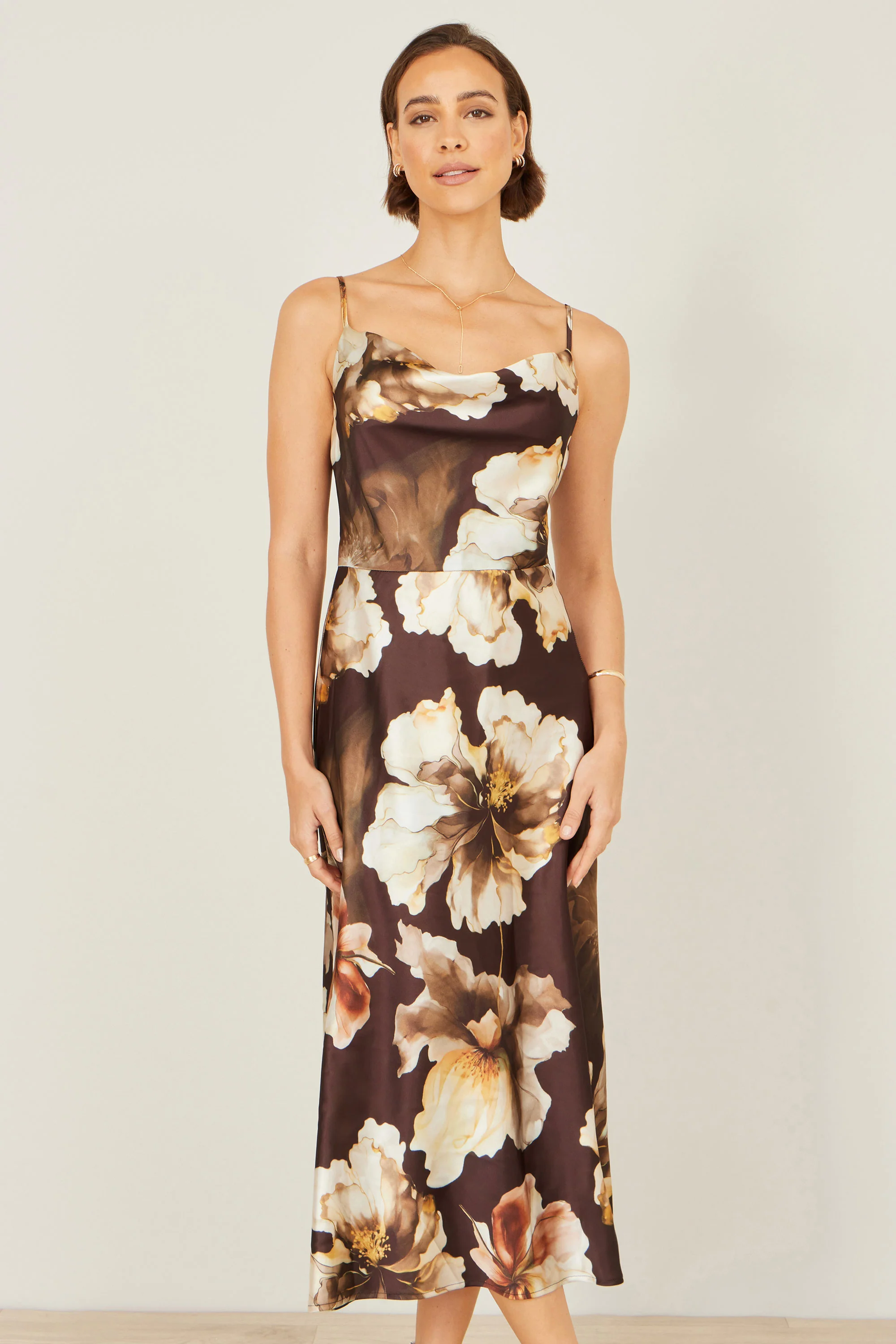 Yumi Brown Cowl Neck Satin Floral Dress - Image 4