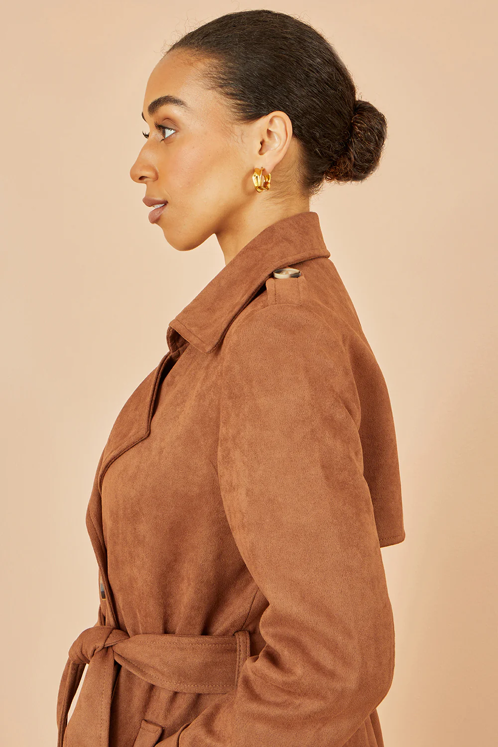 Yumi Brown Faux Suede Trench Coat - Image 3