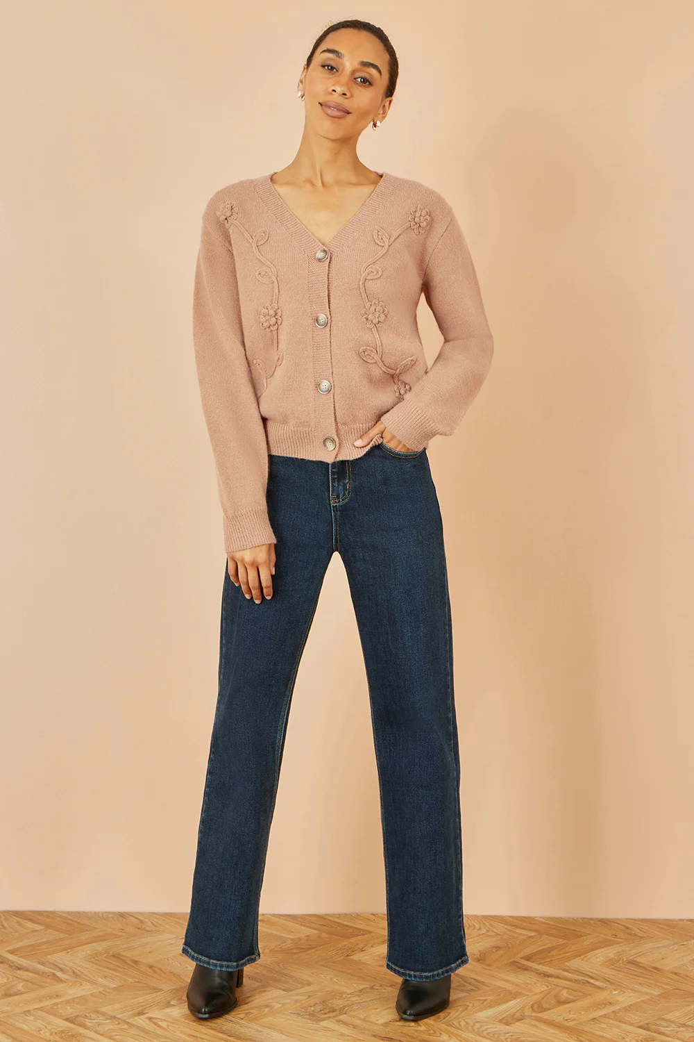 Yumi Brown Floral Embroidered Relaxed Fit Cardigan - Image 4