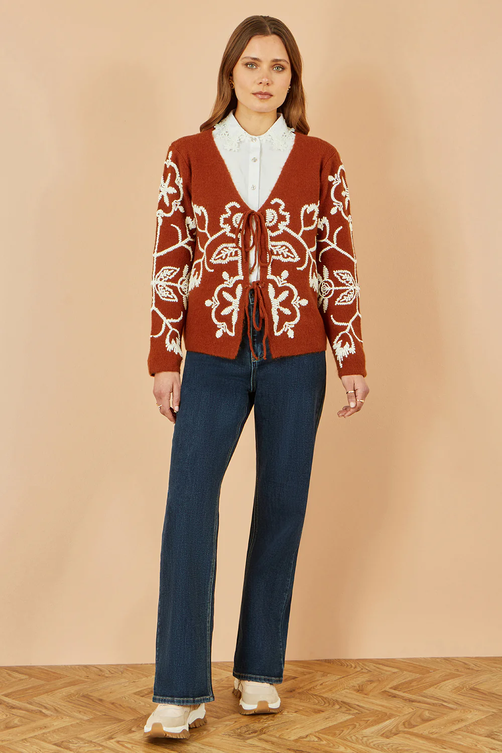Yumi Brown Folk Embroidered Tie Front Cardigan - Image 2