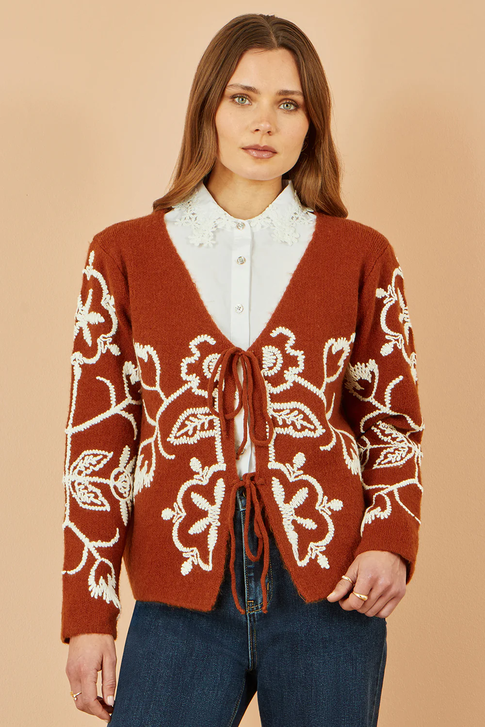 Yumi Brown Folk Embroidered Tie Front Cardigan - Image 5