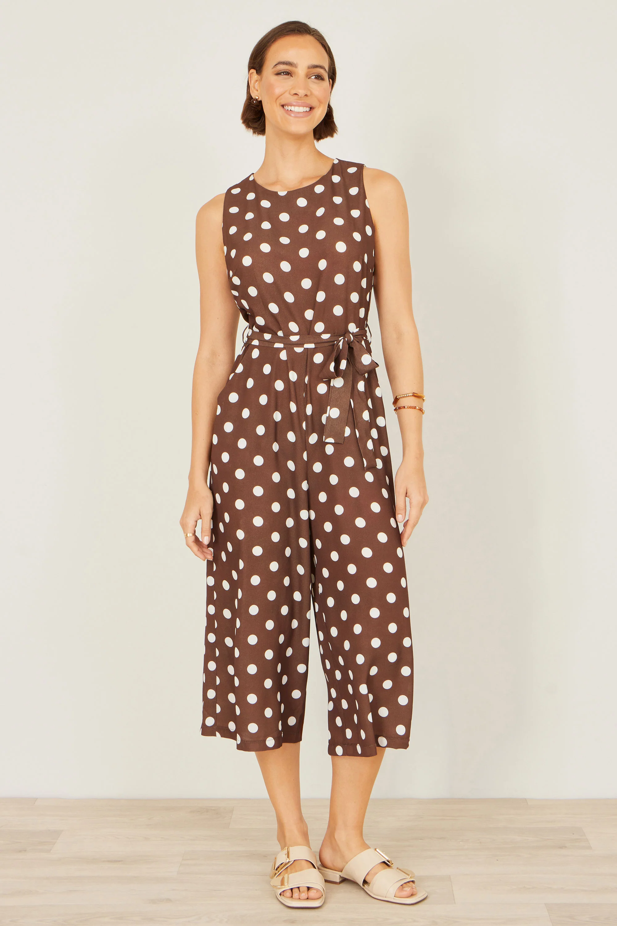 Yumi Brown Polka Dot Culotte Jumpsuit - Image 5