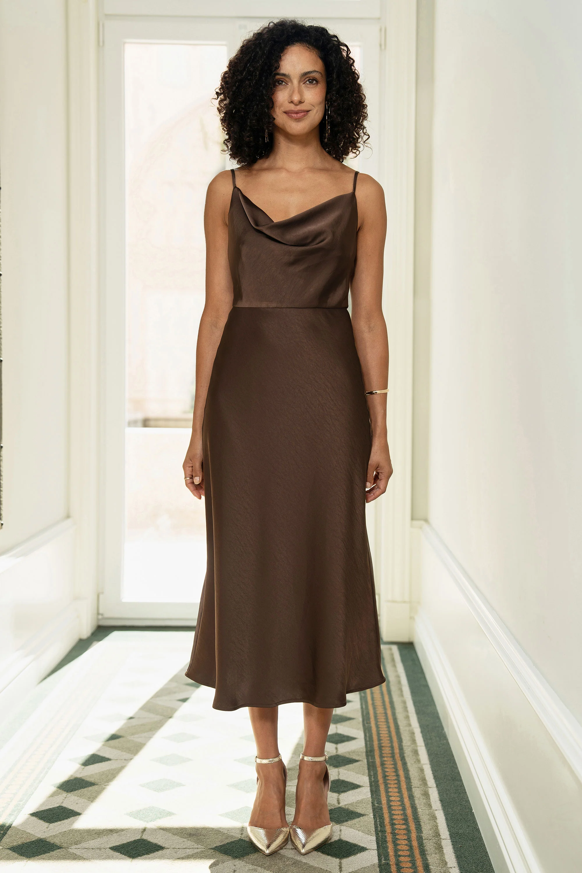 Yumi Brown Satin Cowl Neck Midi Slip Dress - Image 3