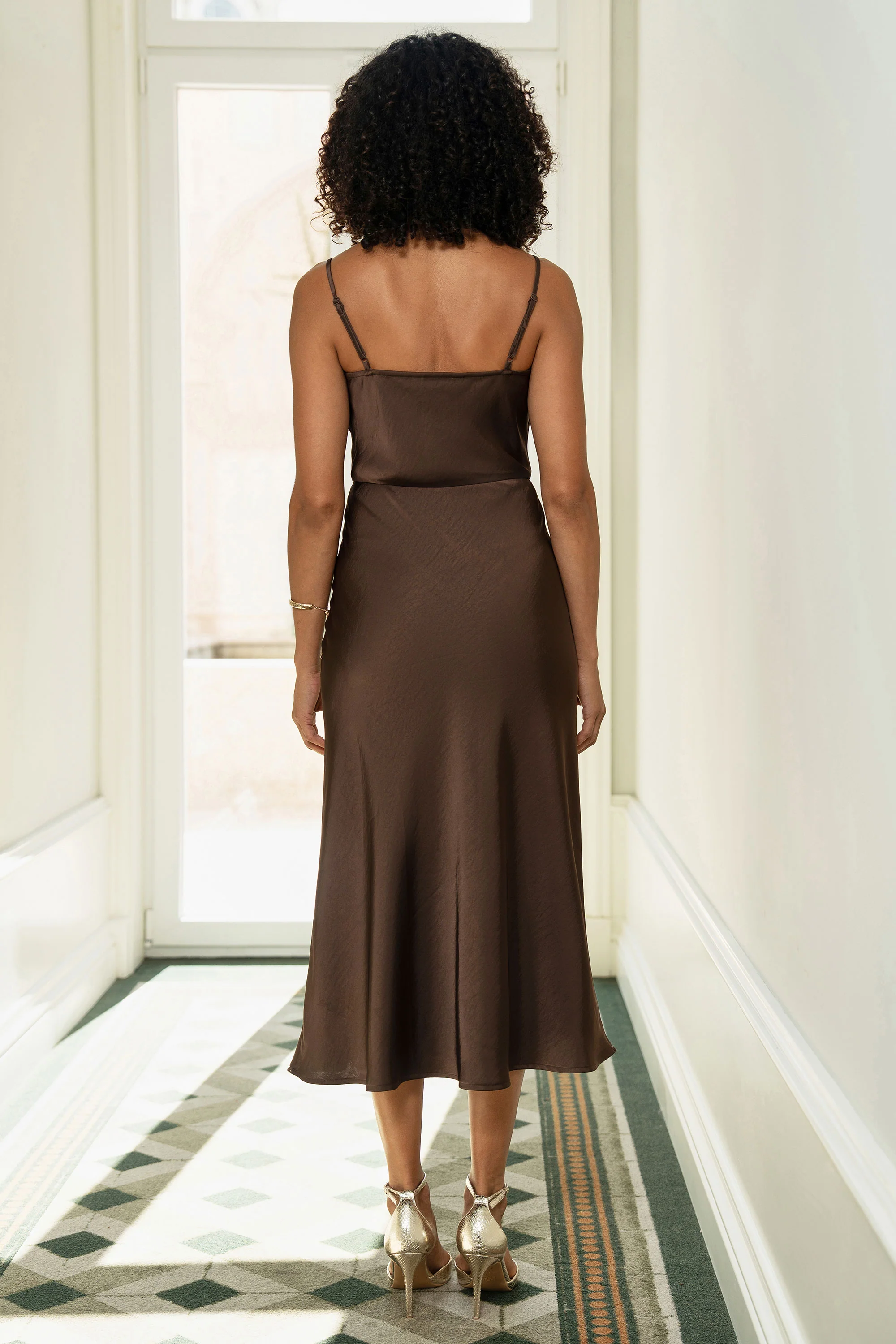 Yumi Brown Satin Cowl Neck Midi Slip Dress - Image 5