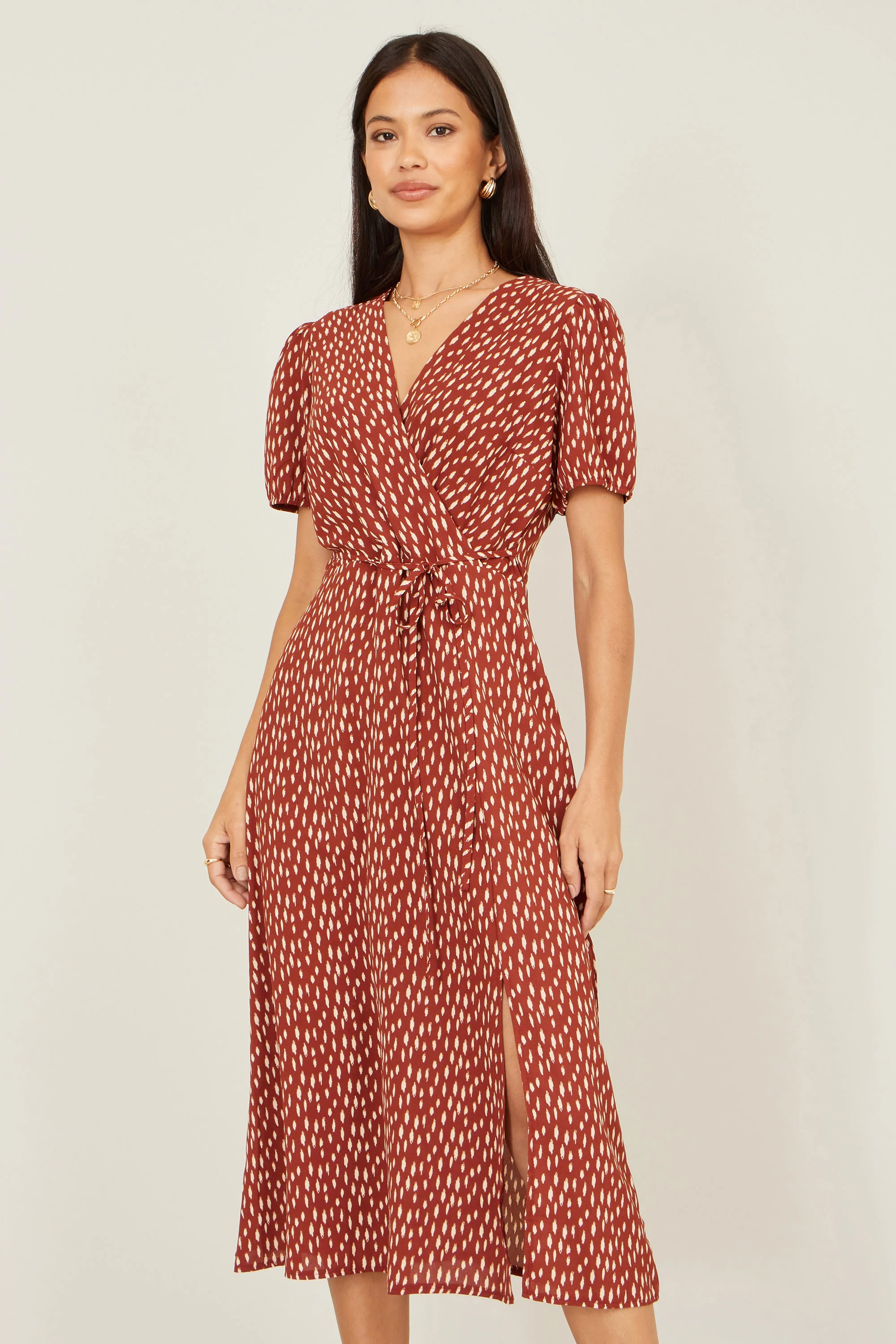 Yumi Brown Spot Wrap Midi Dress - Image 3