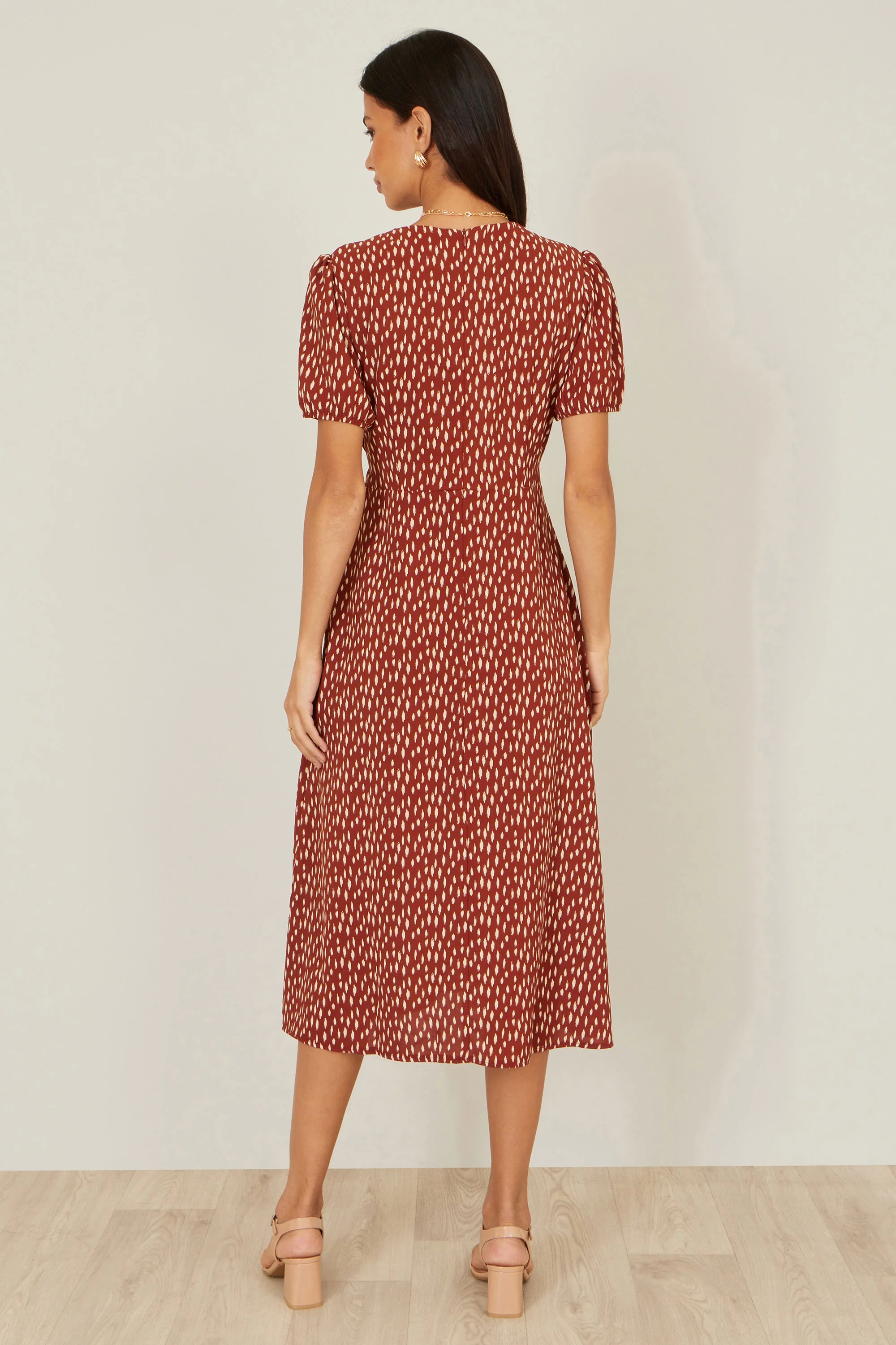 Yumi Brown Spot Wrap Midi Dress - Image 4