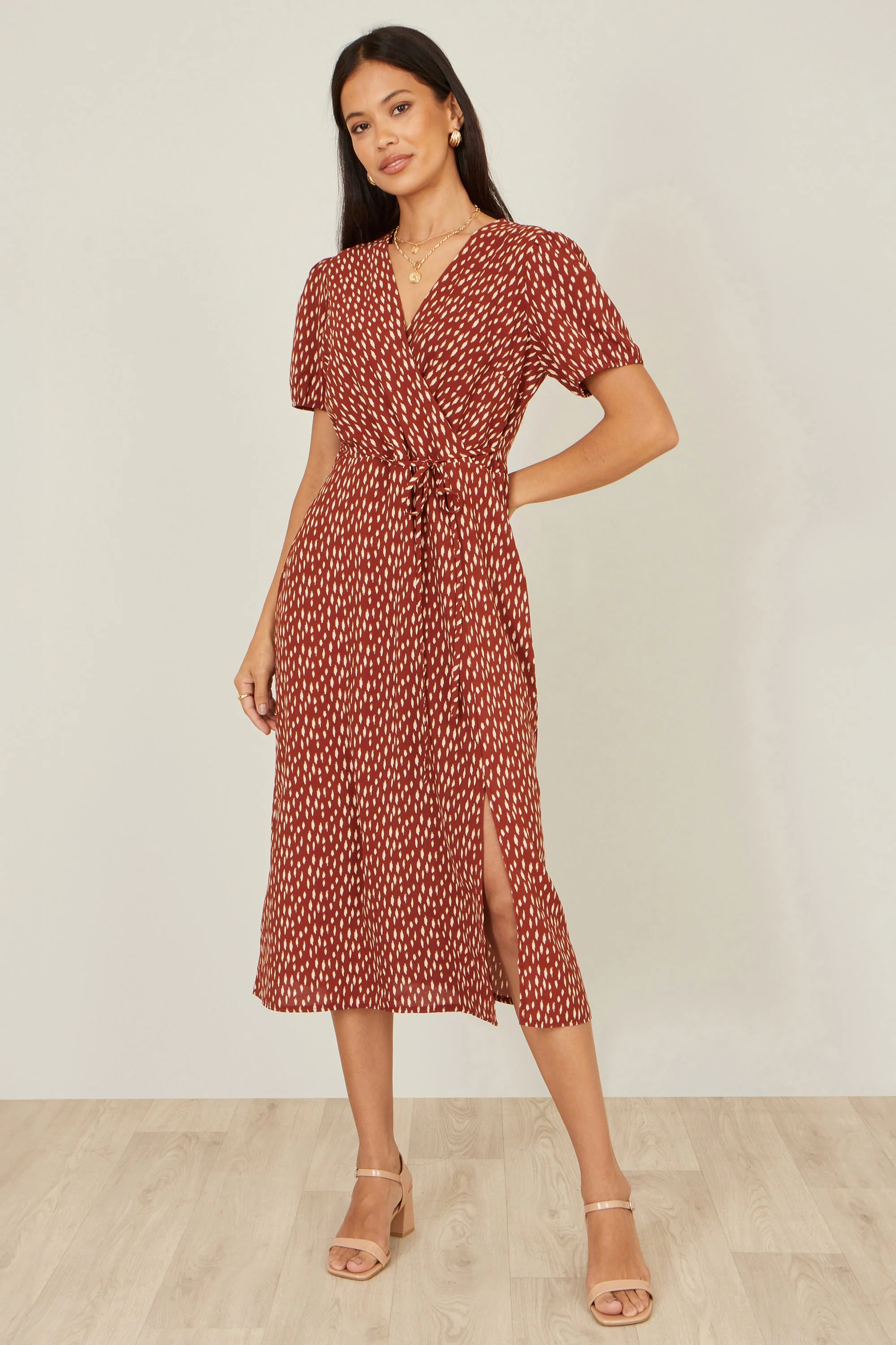 Yumi Brown Spot Wrap Midi Dress - Image 5