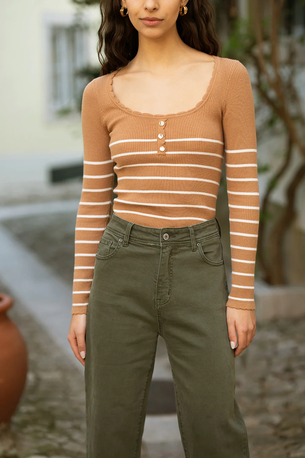 Yumi Brown Stripe Rib Knitted Long Sleeve Top With Button Details - Image 3