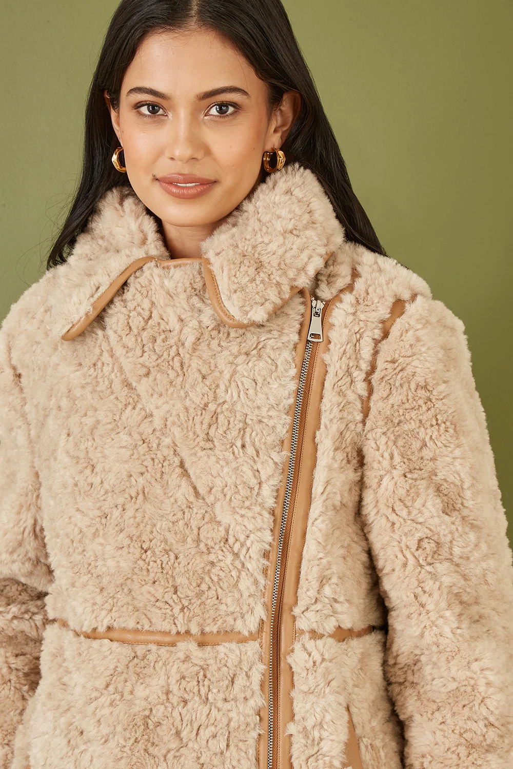 Yumi Brown Textured Borg Long Line Biker Coat - Image 3