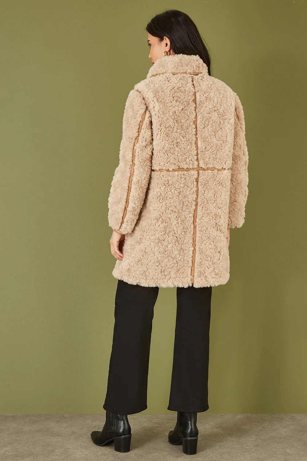 Yumi Brown Textured Borg Long Line Biker Coat - Image 4