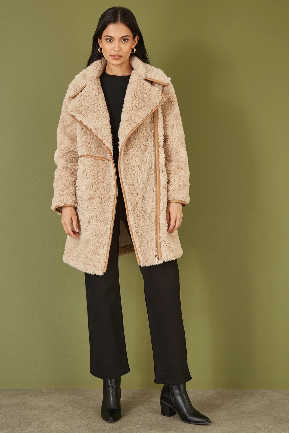 Yumi Brown Textured Borg Long Line Biker Coat - Image 5