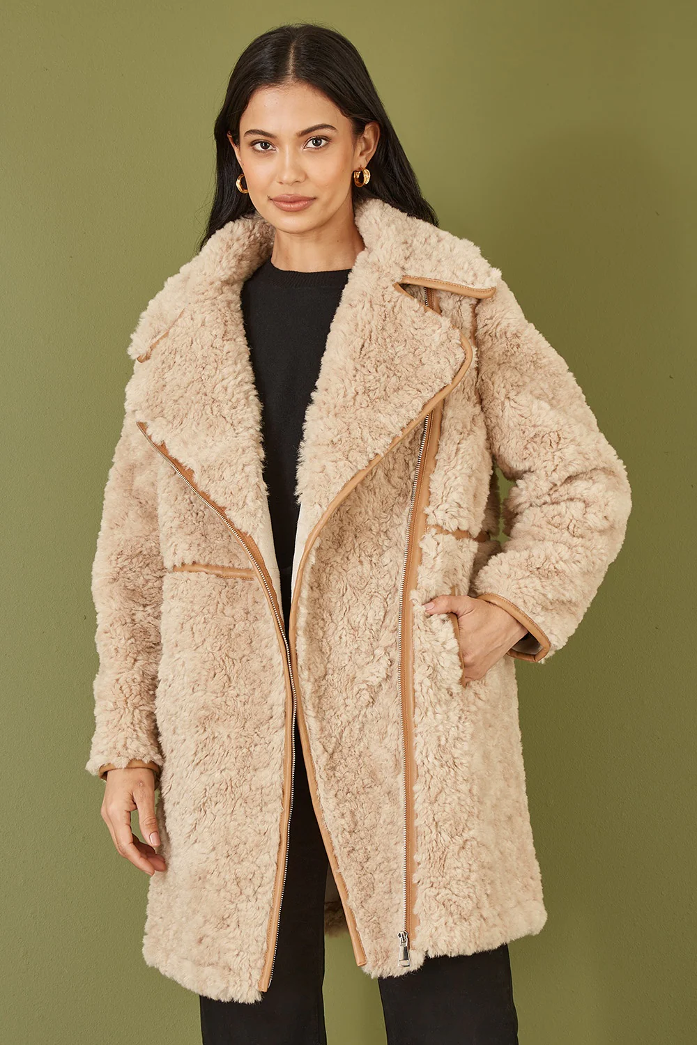 Yumi Brown Textured Borg Long Line Biker Coat - Image 6