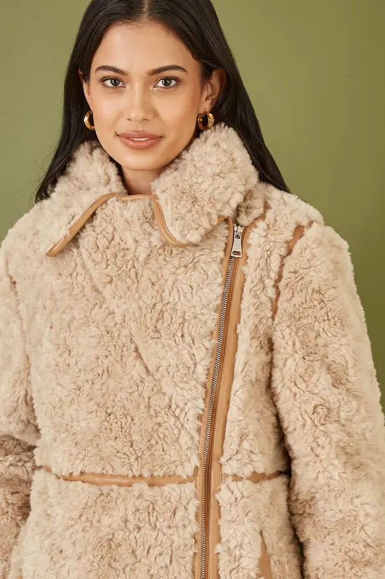 Yumi Brown Textured Borg Long Line Biker Coat - Image 7