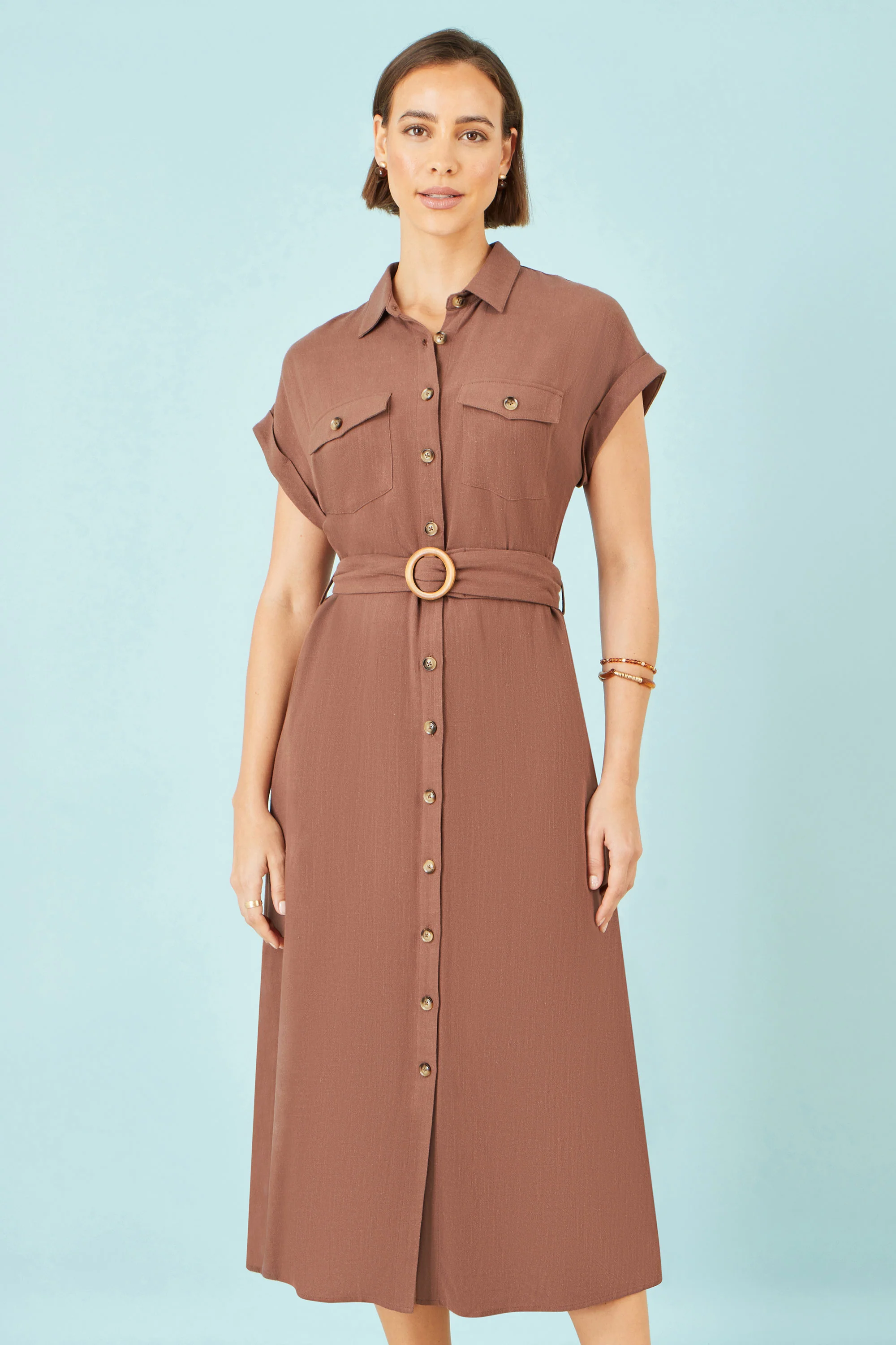 Yumi Brown Viscose Linen Look Midi Shirt Dress With Wooden Belt - Image 2