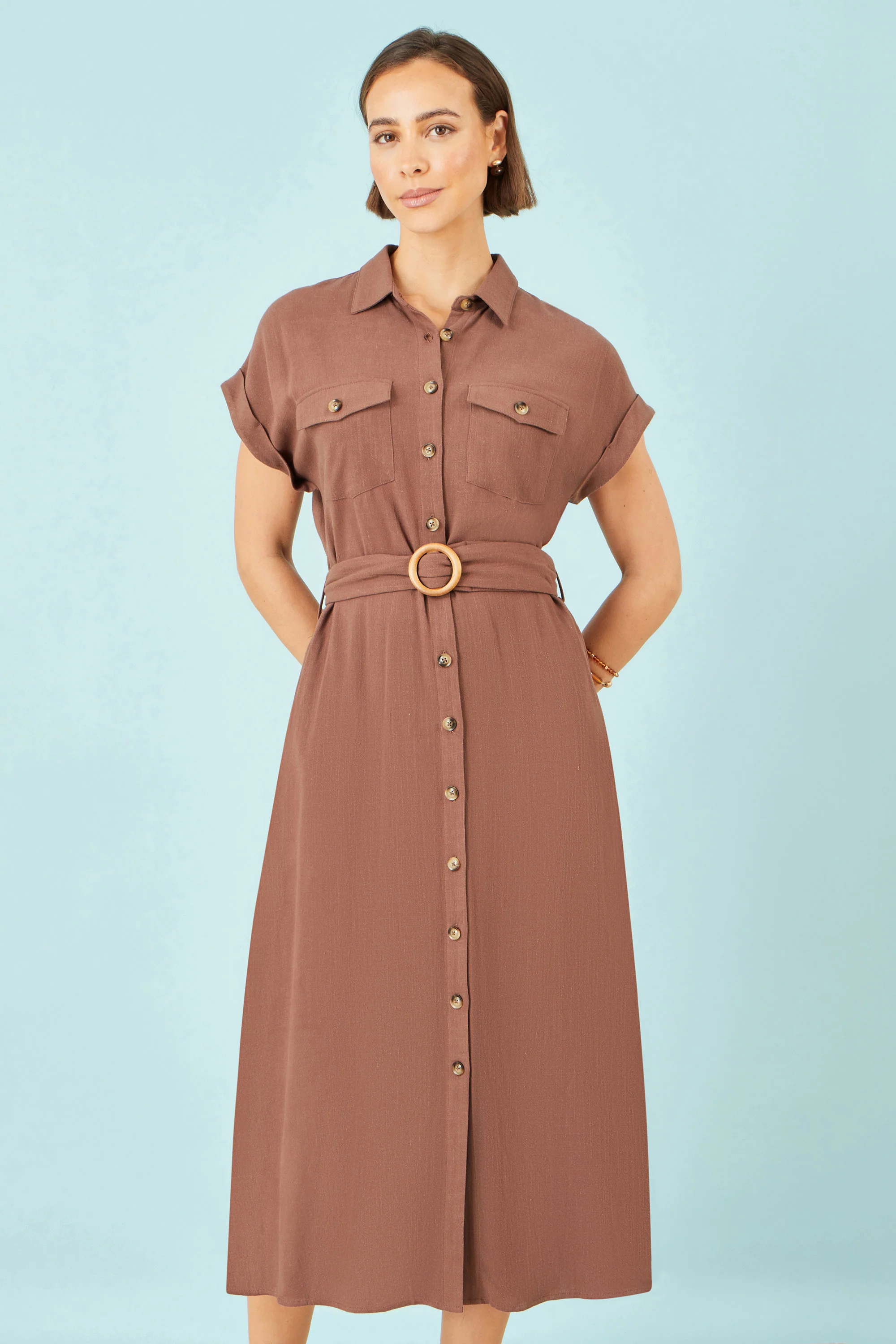 Yumi Brown Viscose Linen Look Midi Shirt Dress With Wooden Belt - Image 4