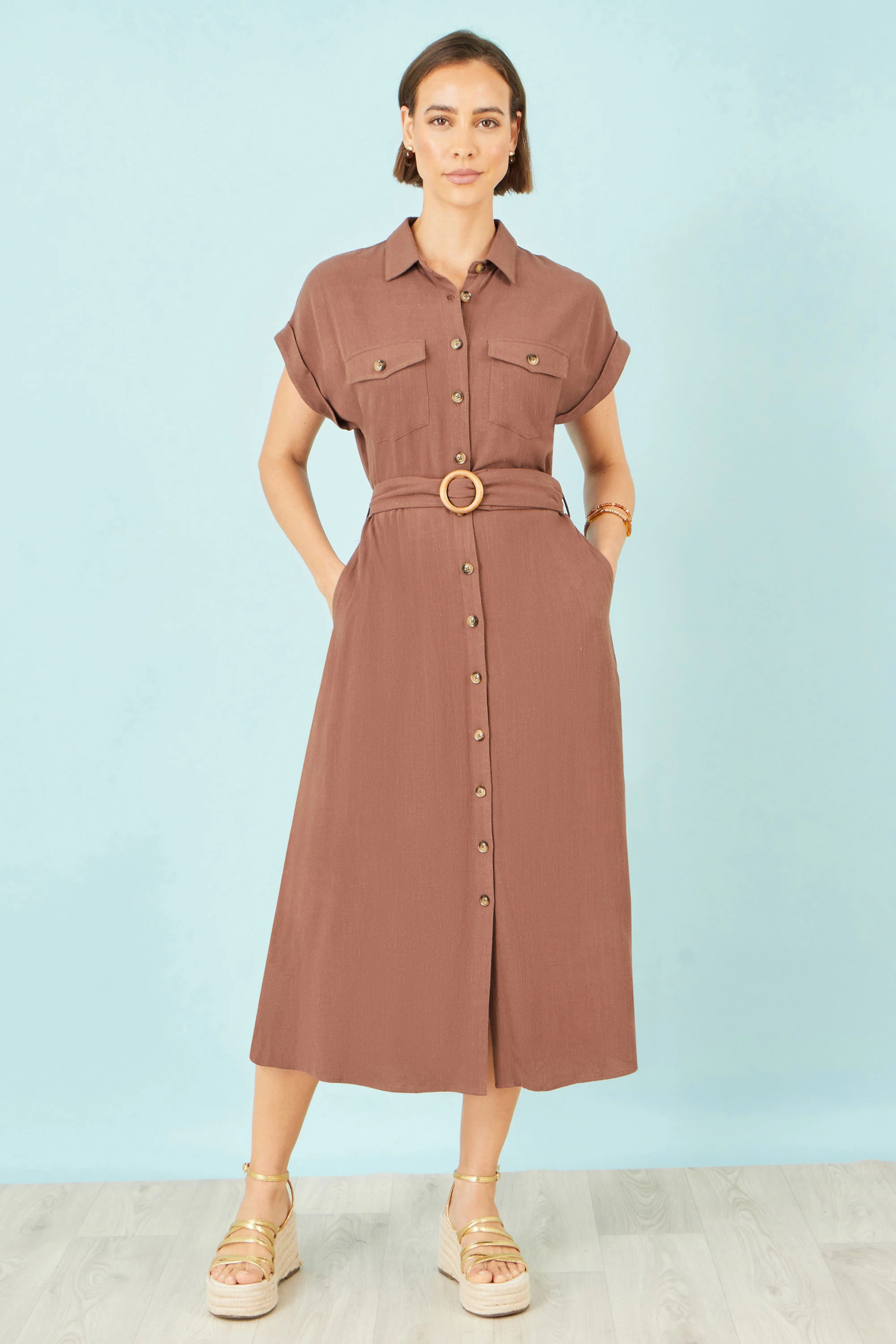 Yumi Brown Viscose Linen Look Midi Shirt Dress With Wooden Belt - Image 5