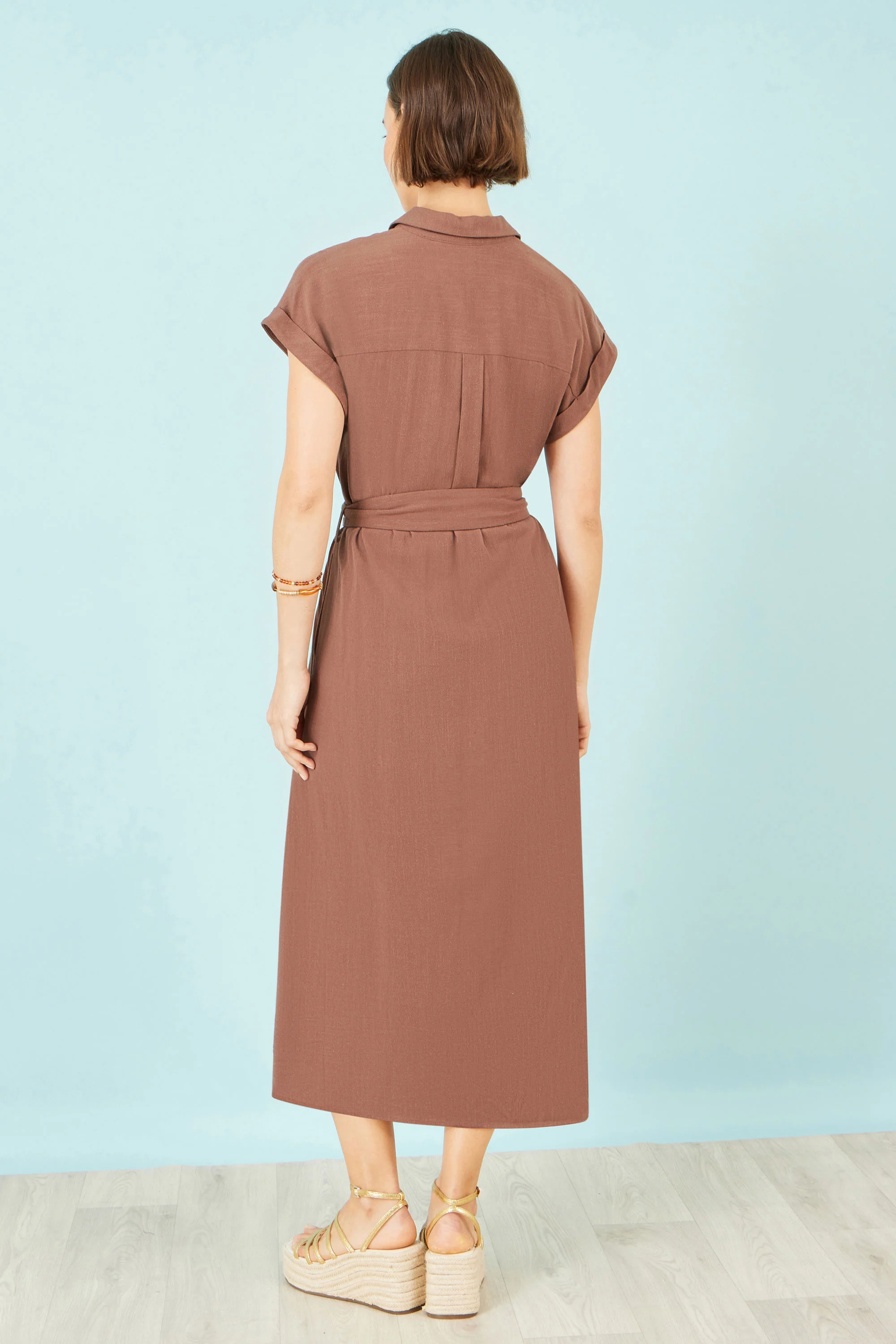 Yumi Brown Viscose Linen Look Midi Shirt Dress With Wooden Belt - Image 6