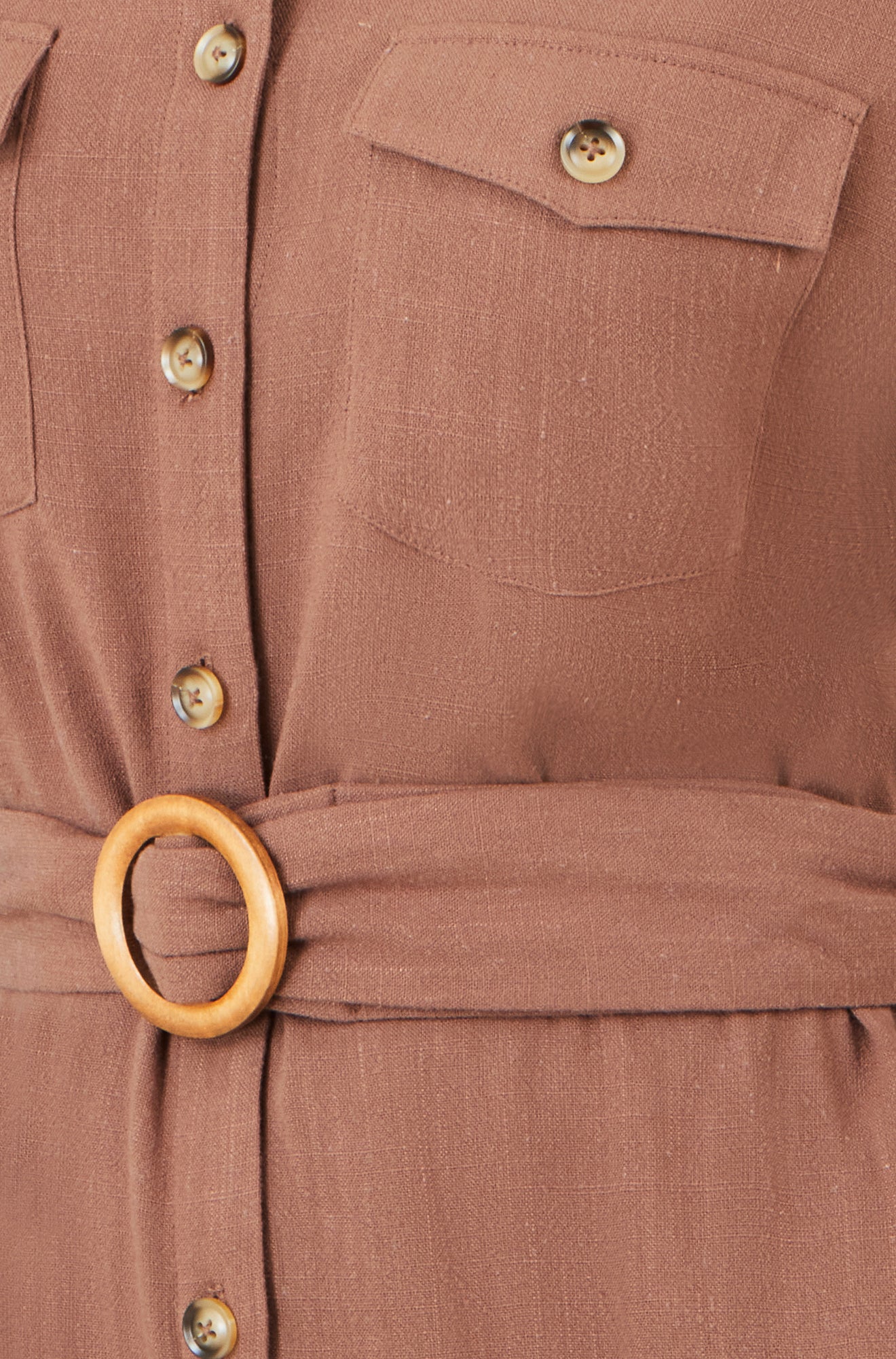 Yumi Brown Viscose Linen Look Midi Shirt Dress With Wooden Belt - Image 7