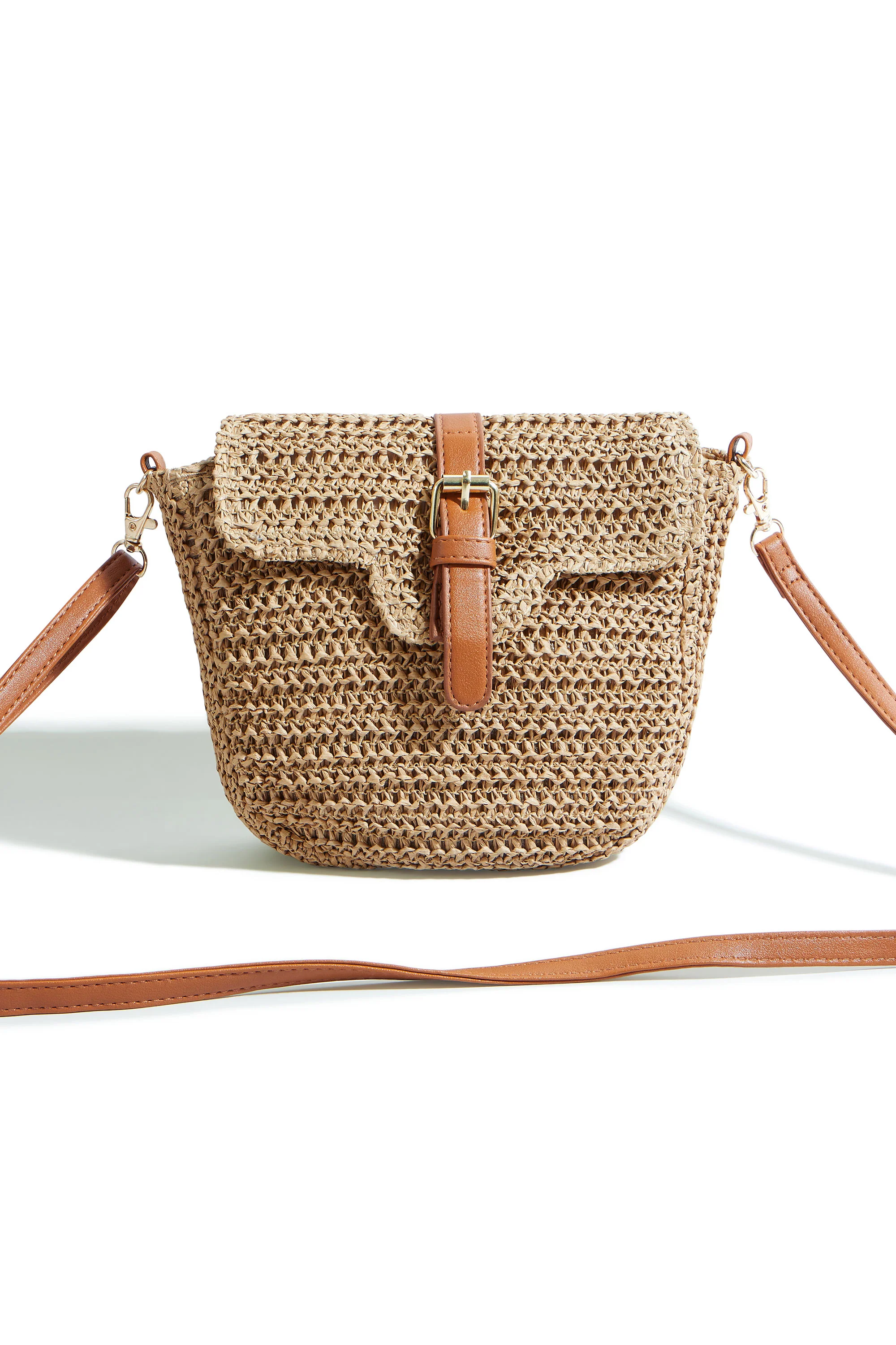Yumi Brown Woven Rattan Handbag With Buckle - Image 5