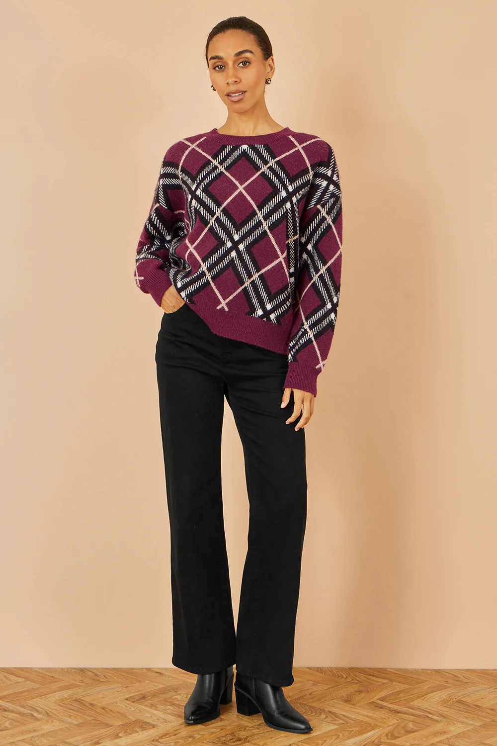 Yumi Burgundy Argyle Check Relaxed Jumper - Image 2