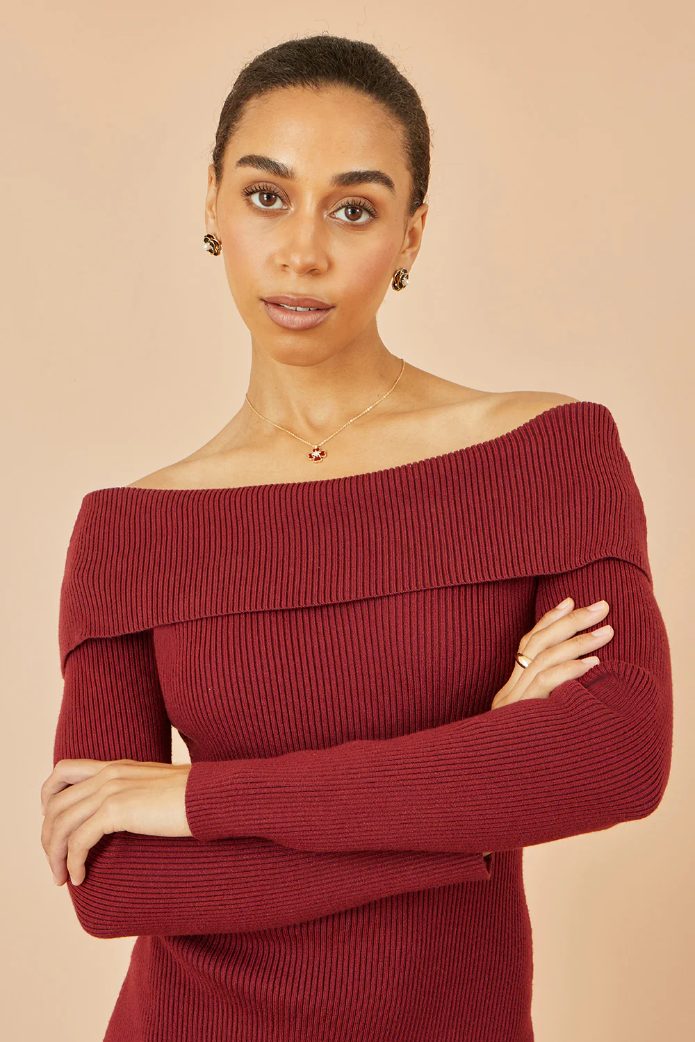 Yumi Burgundy Bardot Knitted Fitted Midi Dress - Image 2