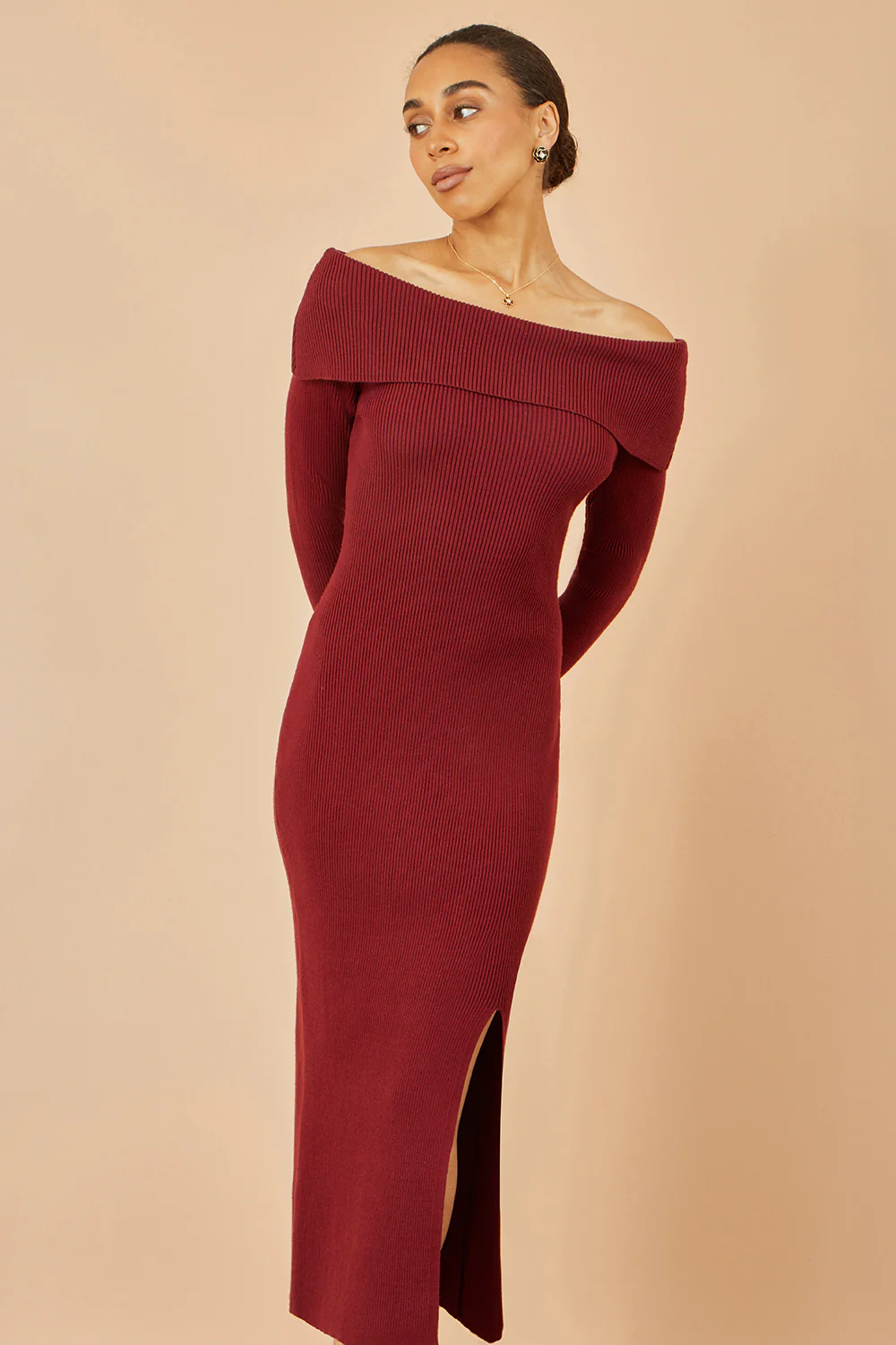 Yumi Burgundy Bardot Knitted Fitted Midi Dress - Image 4