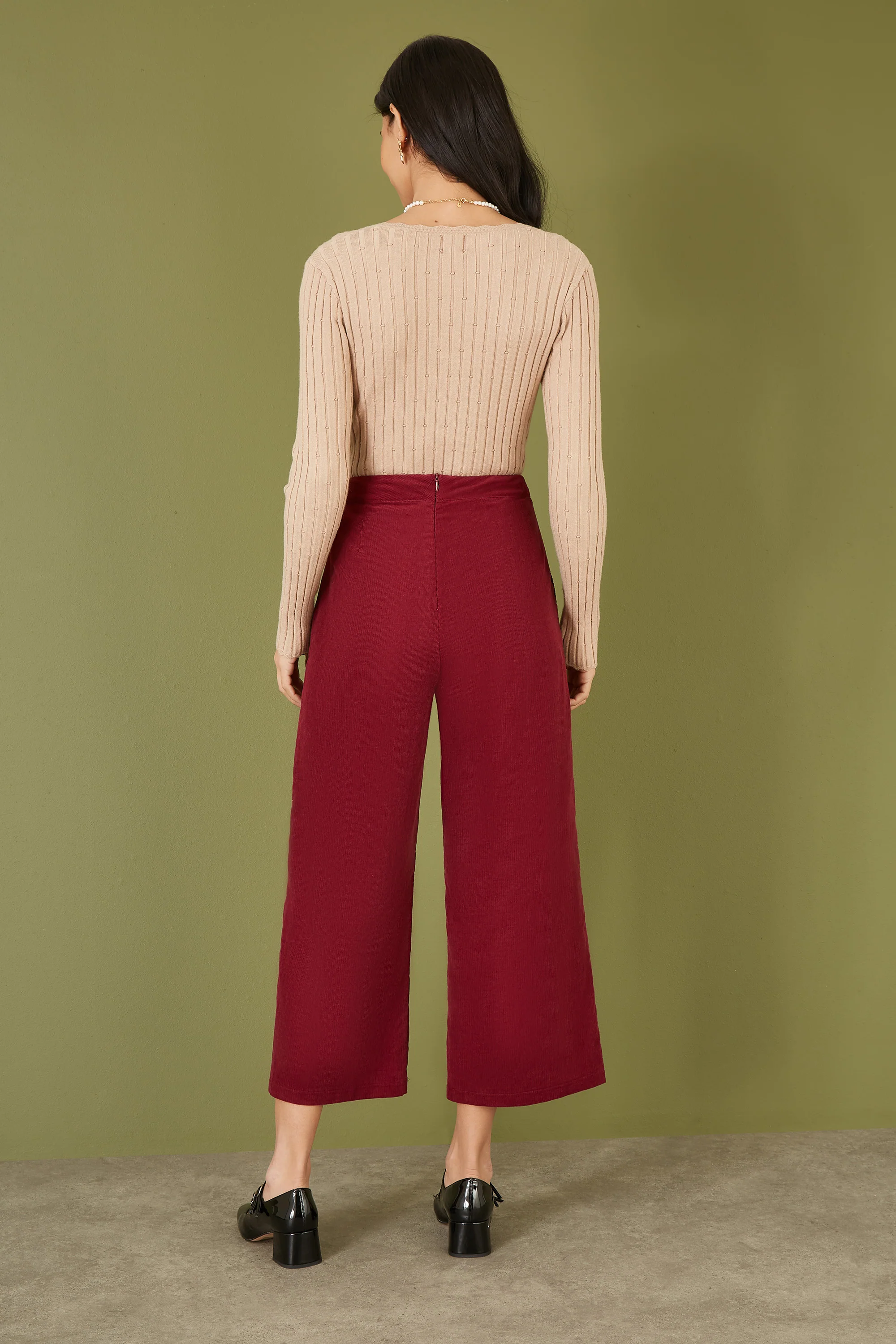 Yumi Burgundy Cord Cropped Wide Leg Trousers With Pockets - Image 3