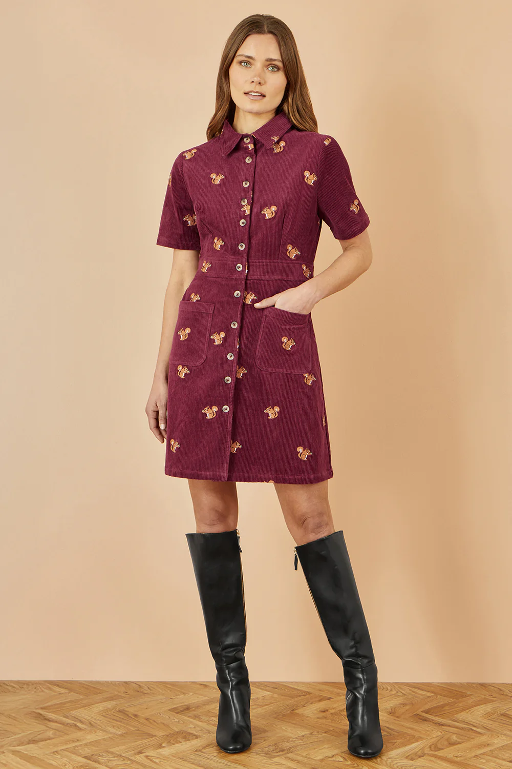 Yumi Burgundy Cord Shirt Dress With All Over Squirrel Embroidery - Image 2