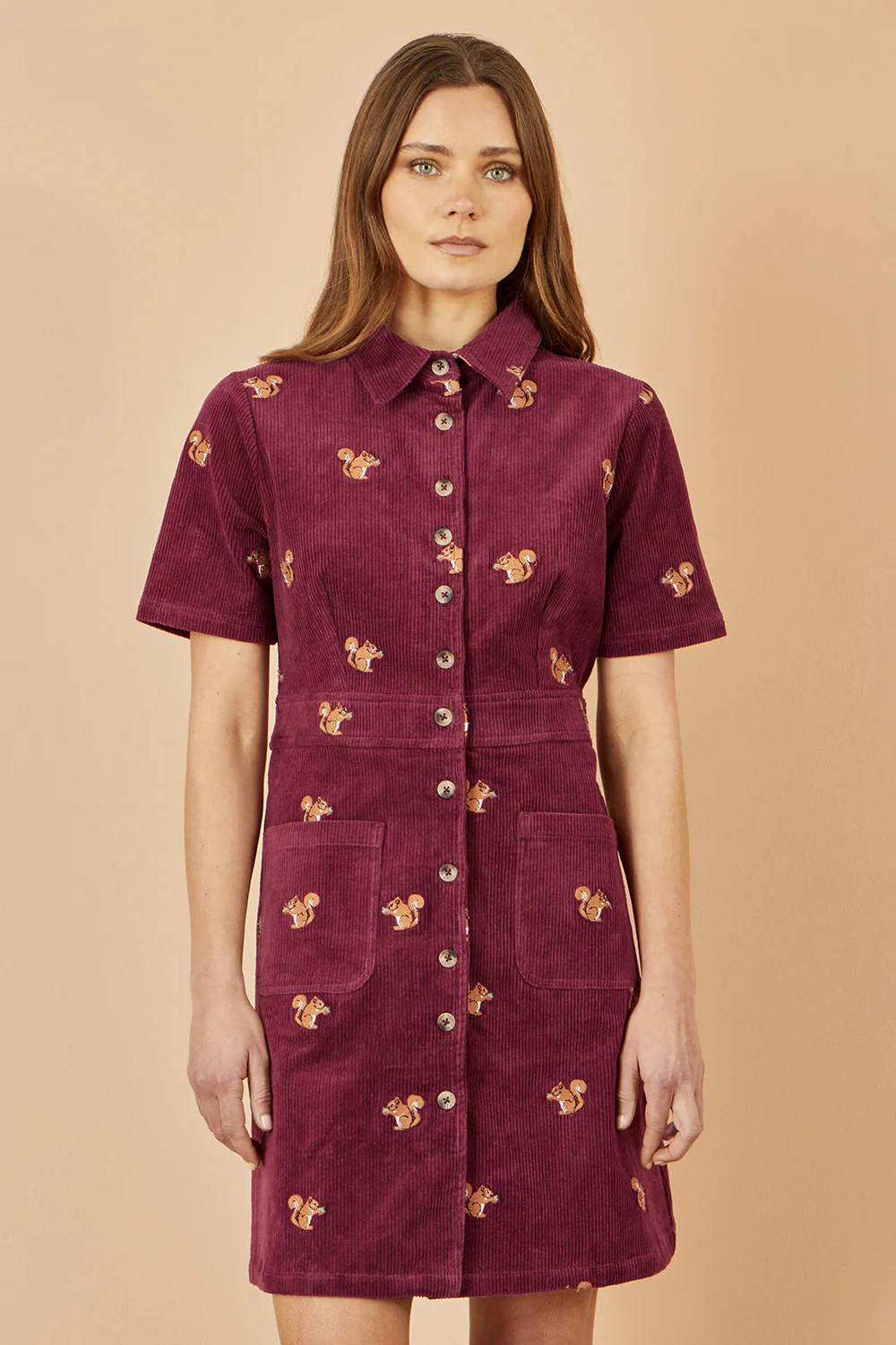 Yumi Burgundy Cord Shirt Dress With All Over Squirrel Embroidery - Image 4