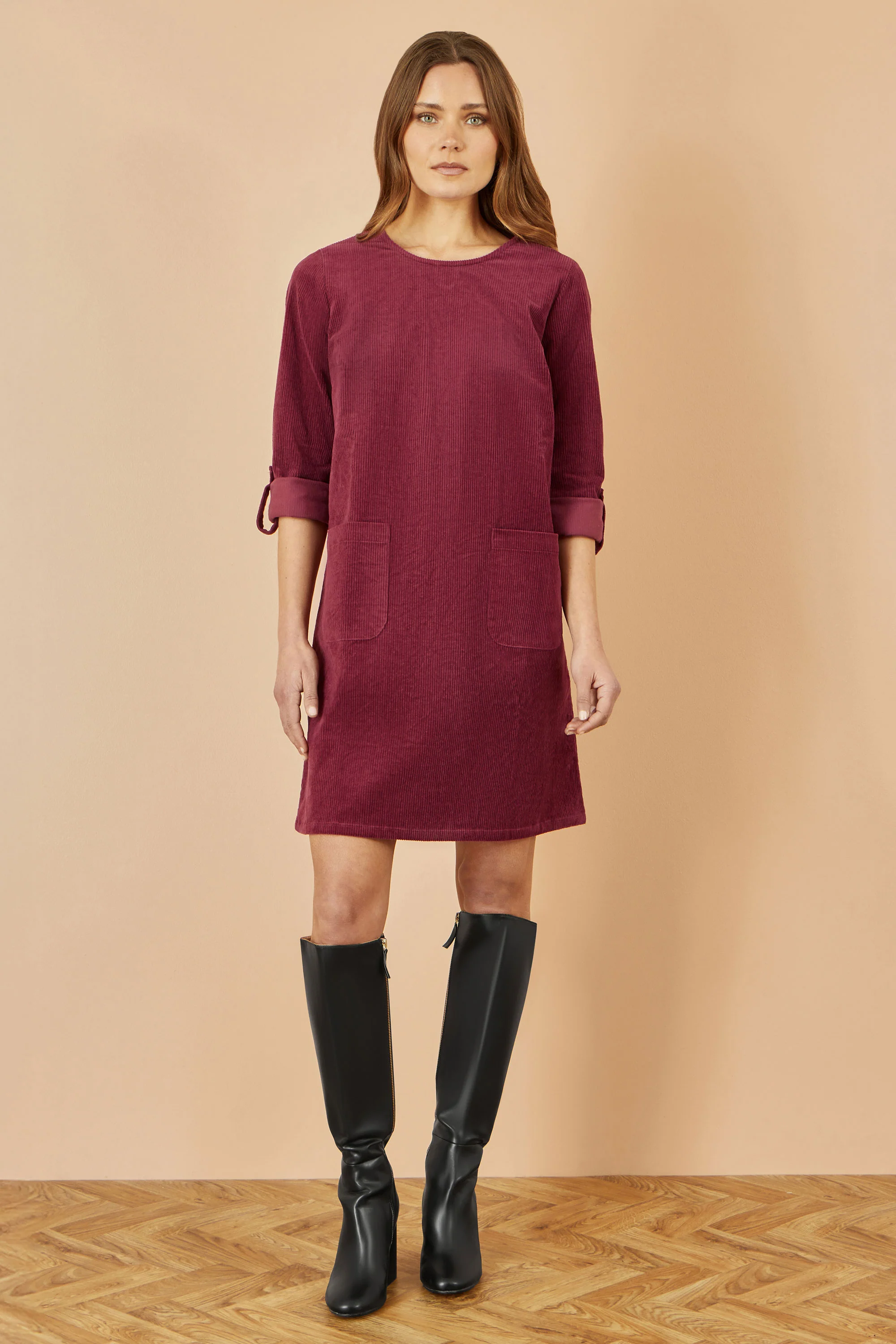 Yumi Burgundy Cord Tunic Dress With 3/4 Sleeves And Pockets - Image 2