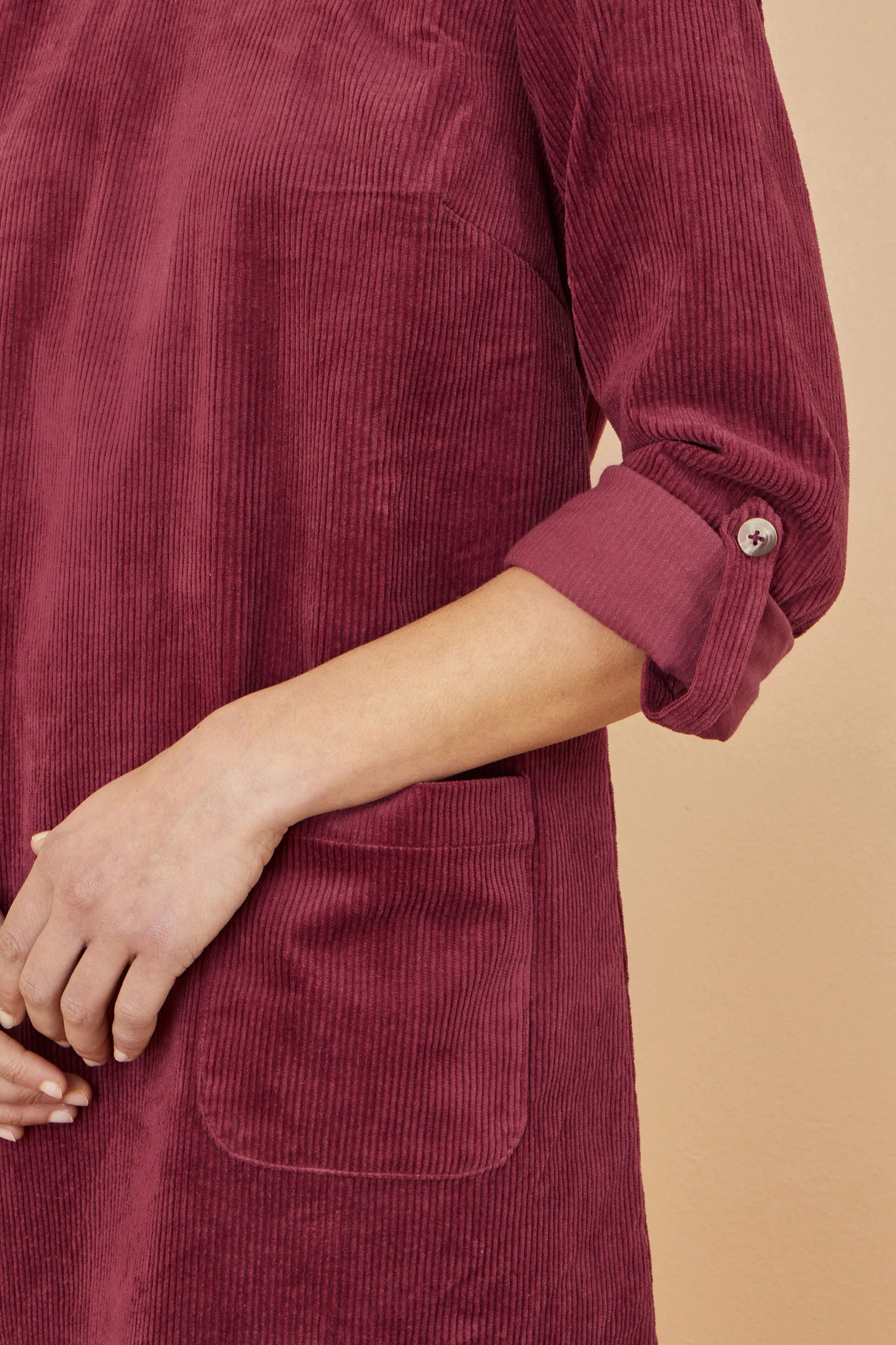 Yumi Burgundy Cord Tunic Dress With 3/4 Sleeves And Pockets - Image 4