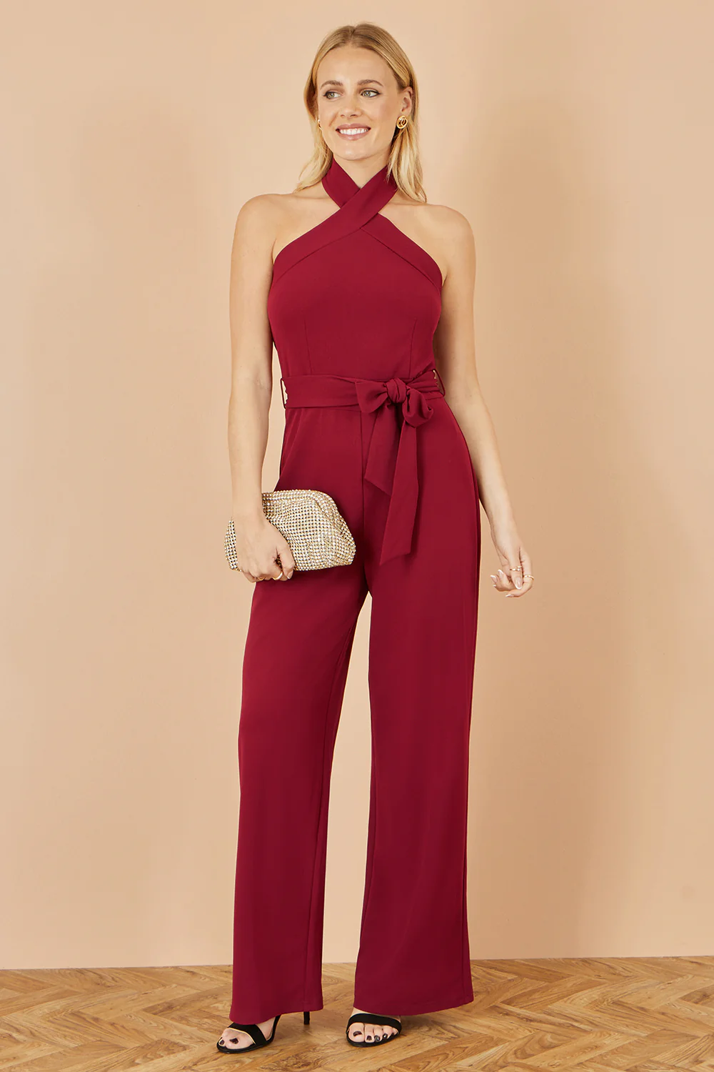 Yumi Burgundy Cross Over Halter Neck Jumpsuit - Image 4