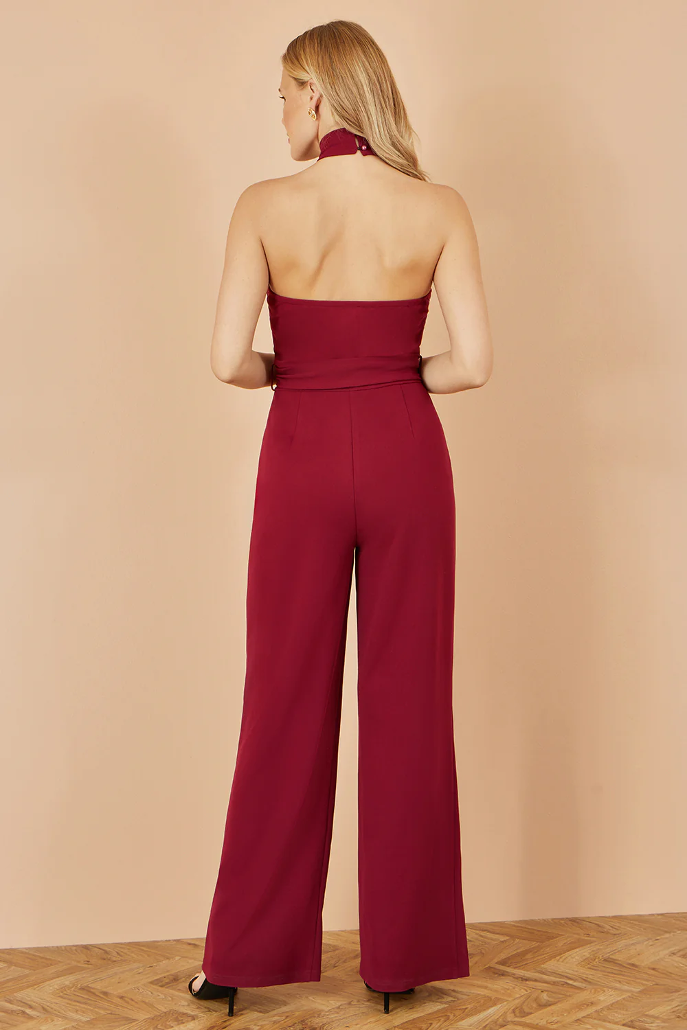 Yumi Burgundy Cross Over Halter Neck Jumpsuit - Image 5