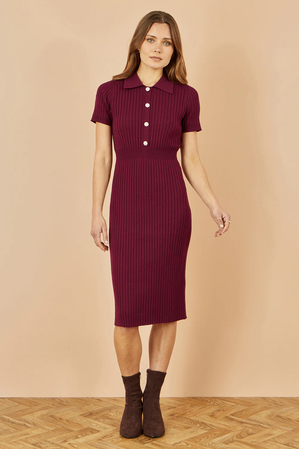 Yumi Burgundy Fitted Rib Knitted Midi Dress With Daisy Buttons - Image 3